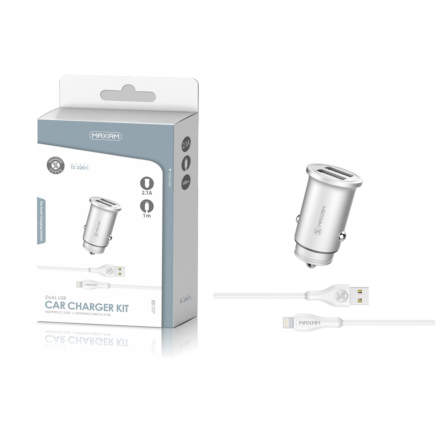 TZ2201I Silver 2USB/2.1A 1M IP CABLE CAR CHARGER PACK maxam