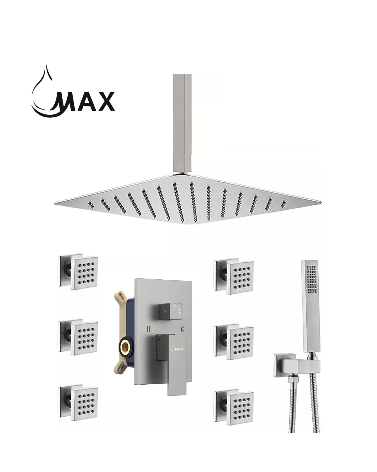 Ceiling Shower System Set Three Functions With 6 Body Jets In Brushed