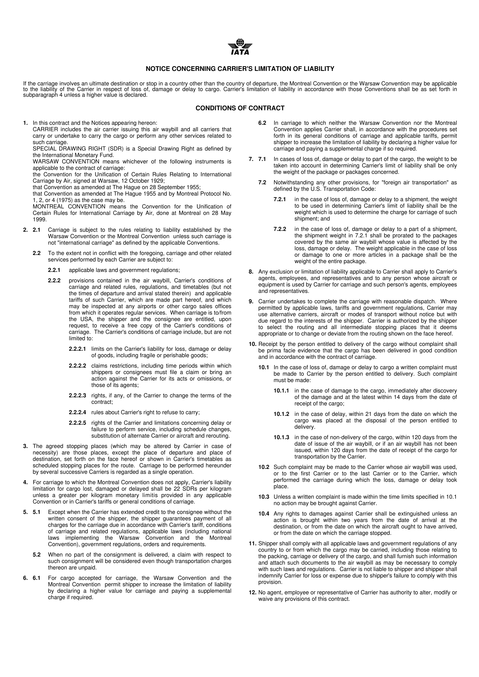 terms and conditions of an air waybill