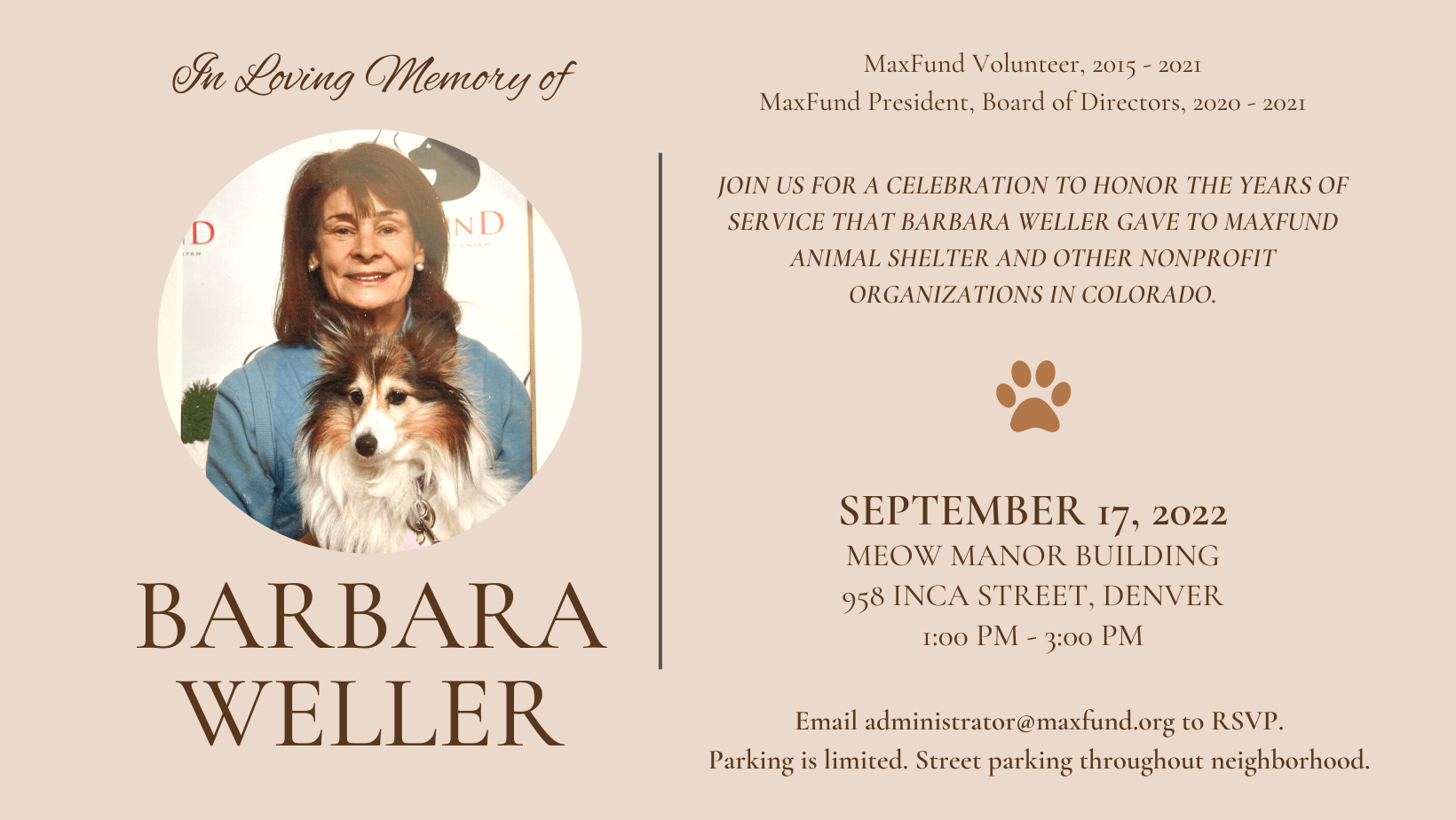 Dog Adoption Events Denver 2023 Celebration of Service for Barbara Weller
