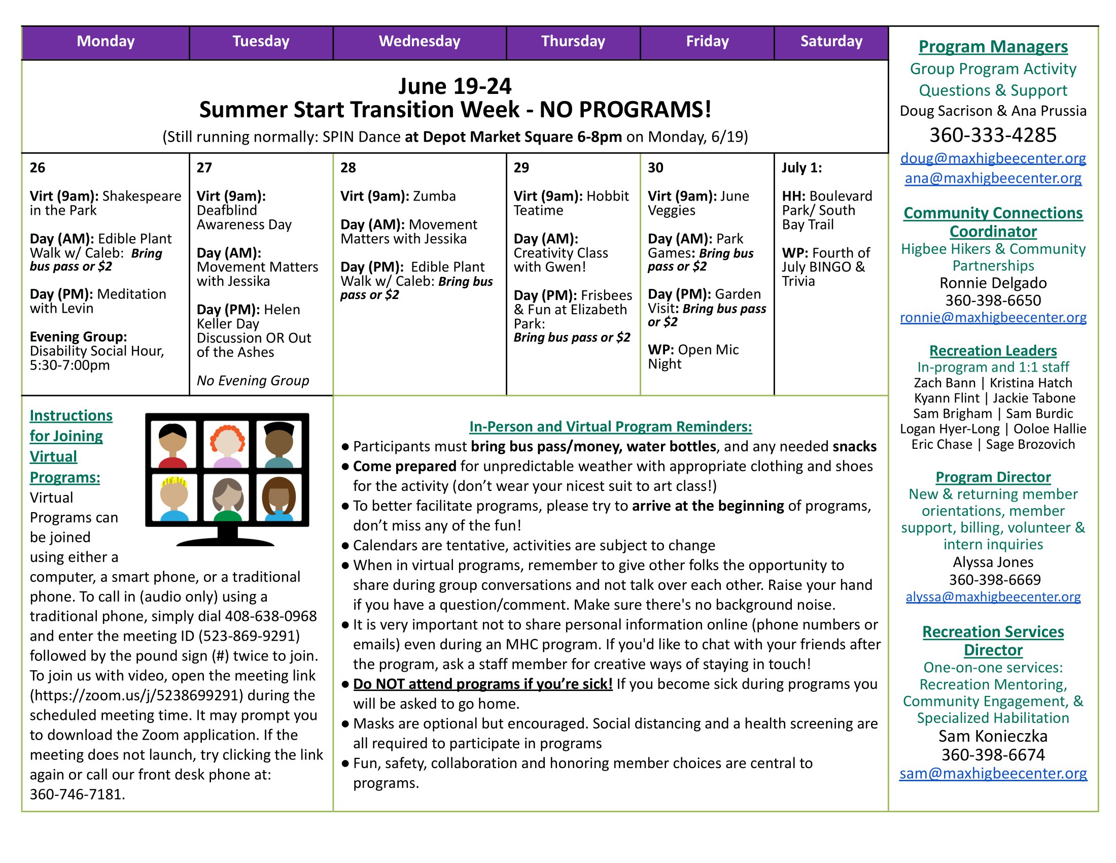 Calendar Max Higbee Center