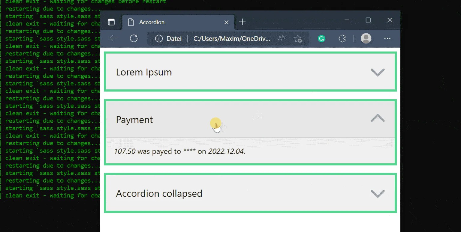 Accordion with HTML, CSS (SASS) and JavaScript.