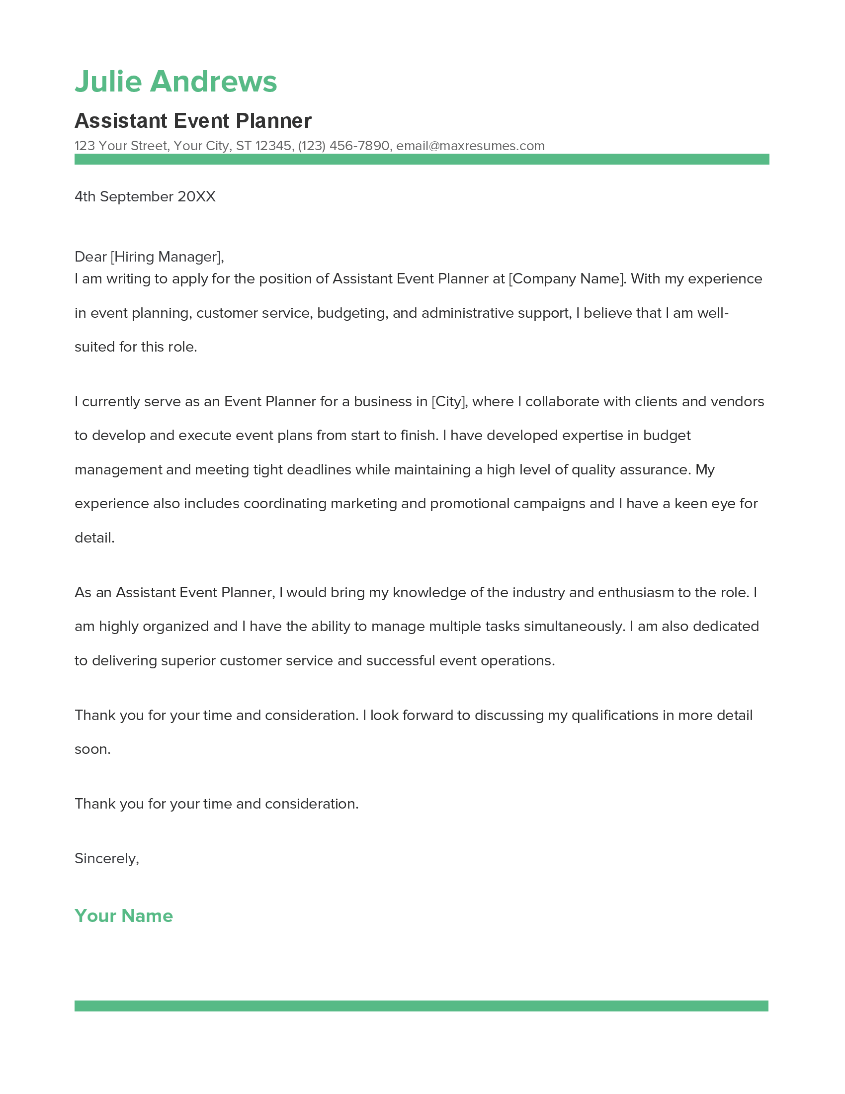 Best Assistant Event Planner Cover Letter Example for 2023