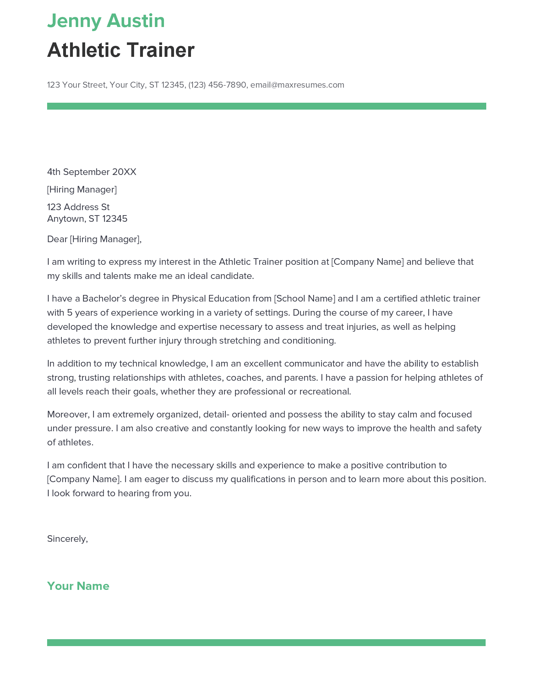 Best Athletic Trainer Cover Letter Example for 2023