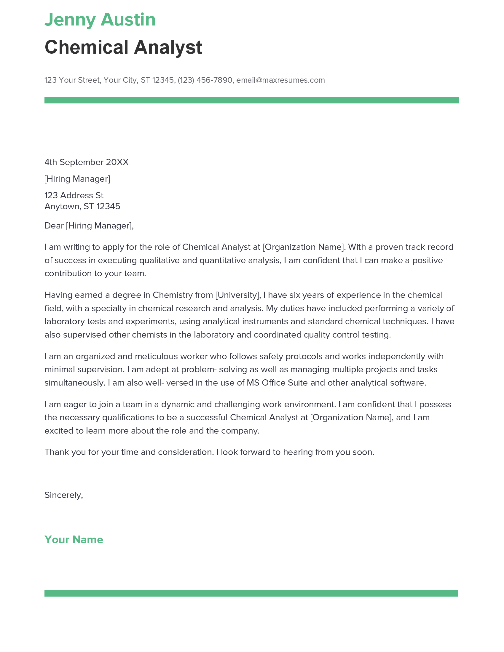 Best Chemical Analyst Cover Letter Example for 2023