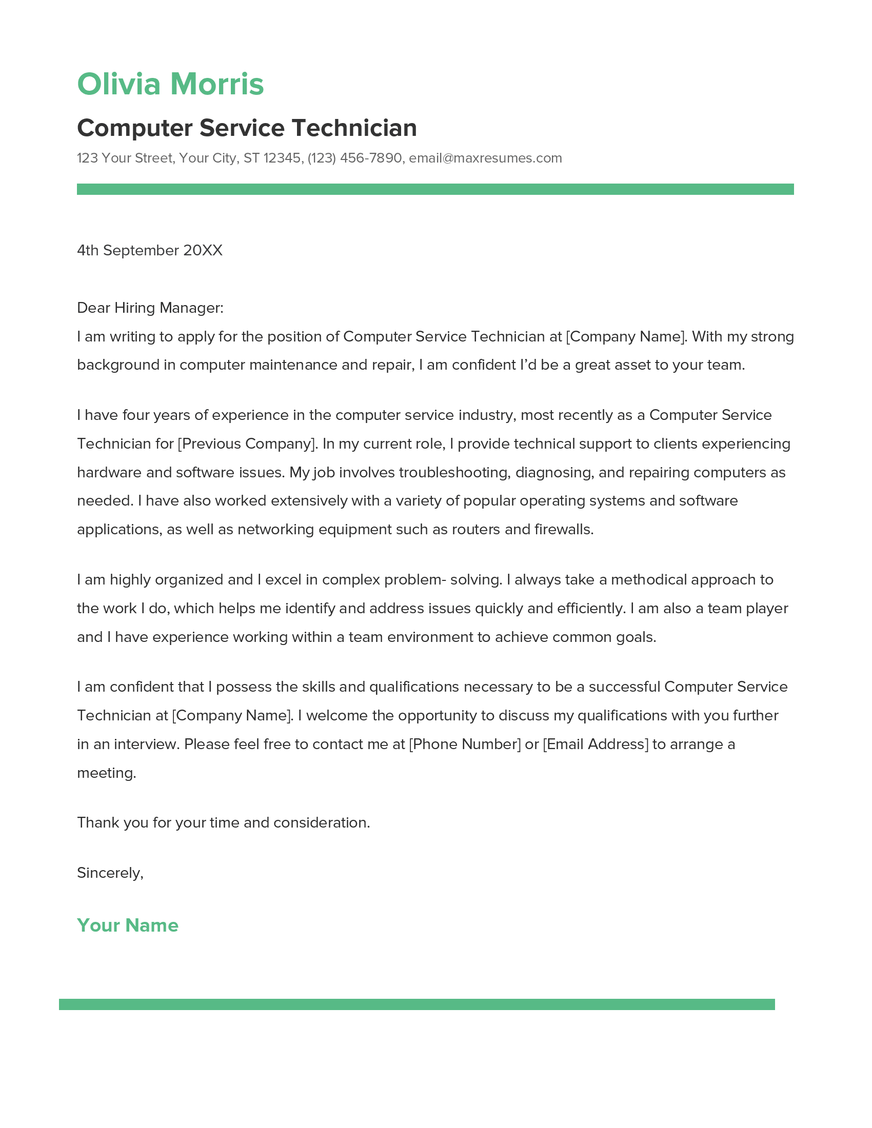 Best Computer Service Technician Cover Letter Example for 2023