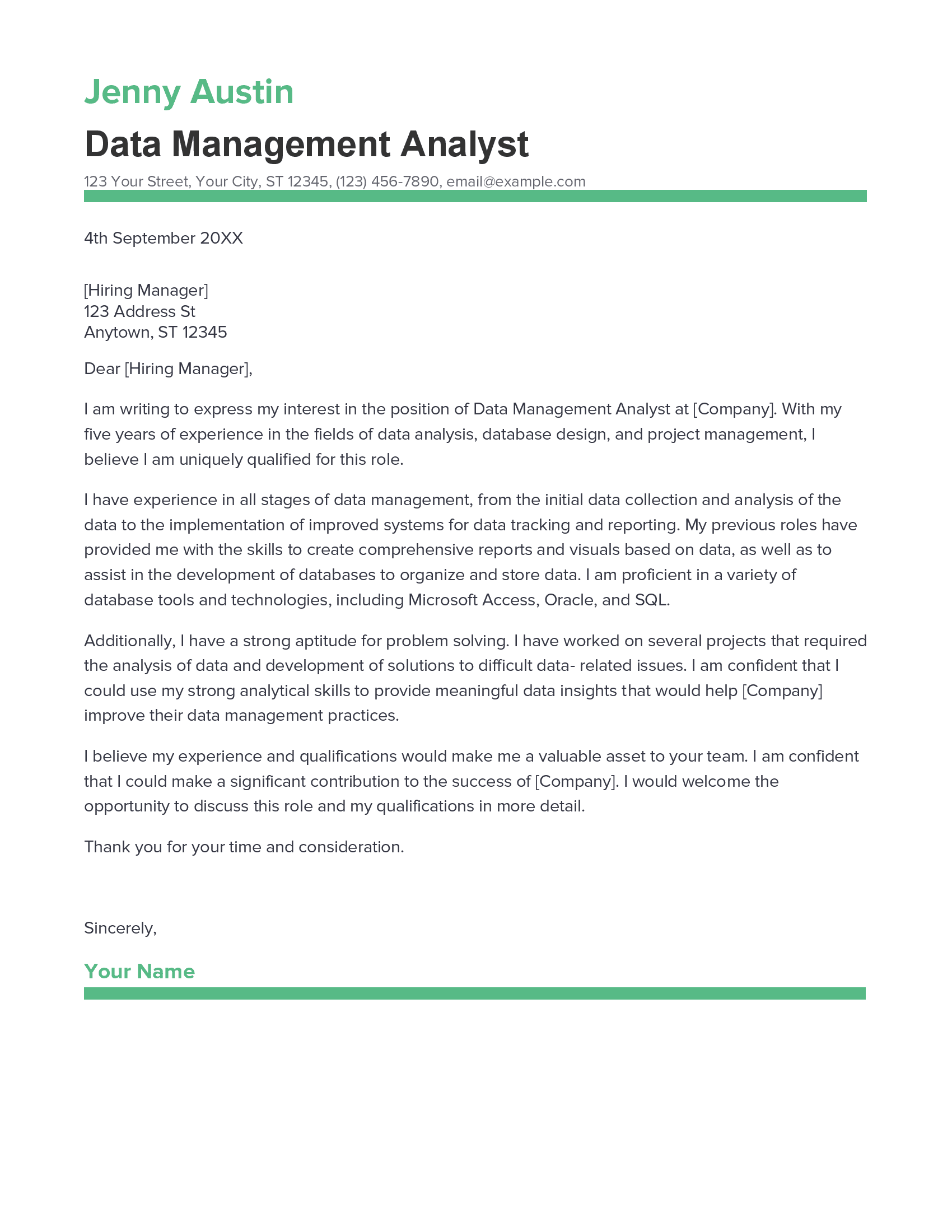 Best Data Management Analyst Cover Letter Example for 2023