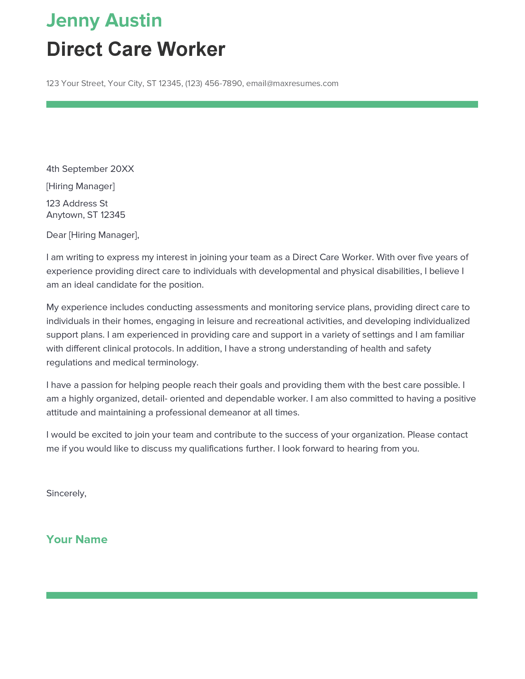 Best Direct Care Worker Cover Letter Example for 2023