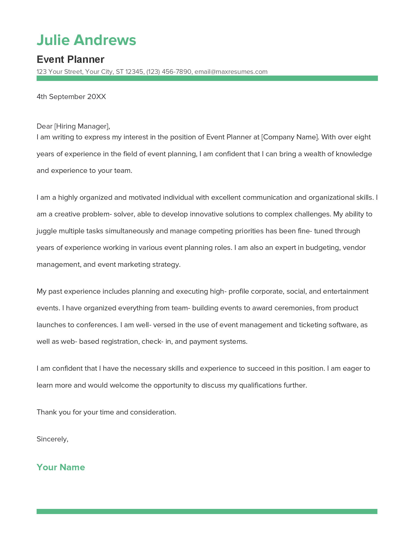 Best Event Planner Cover Letter Example for 2023