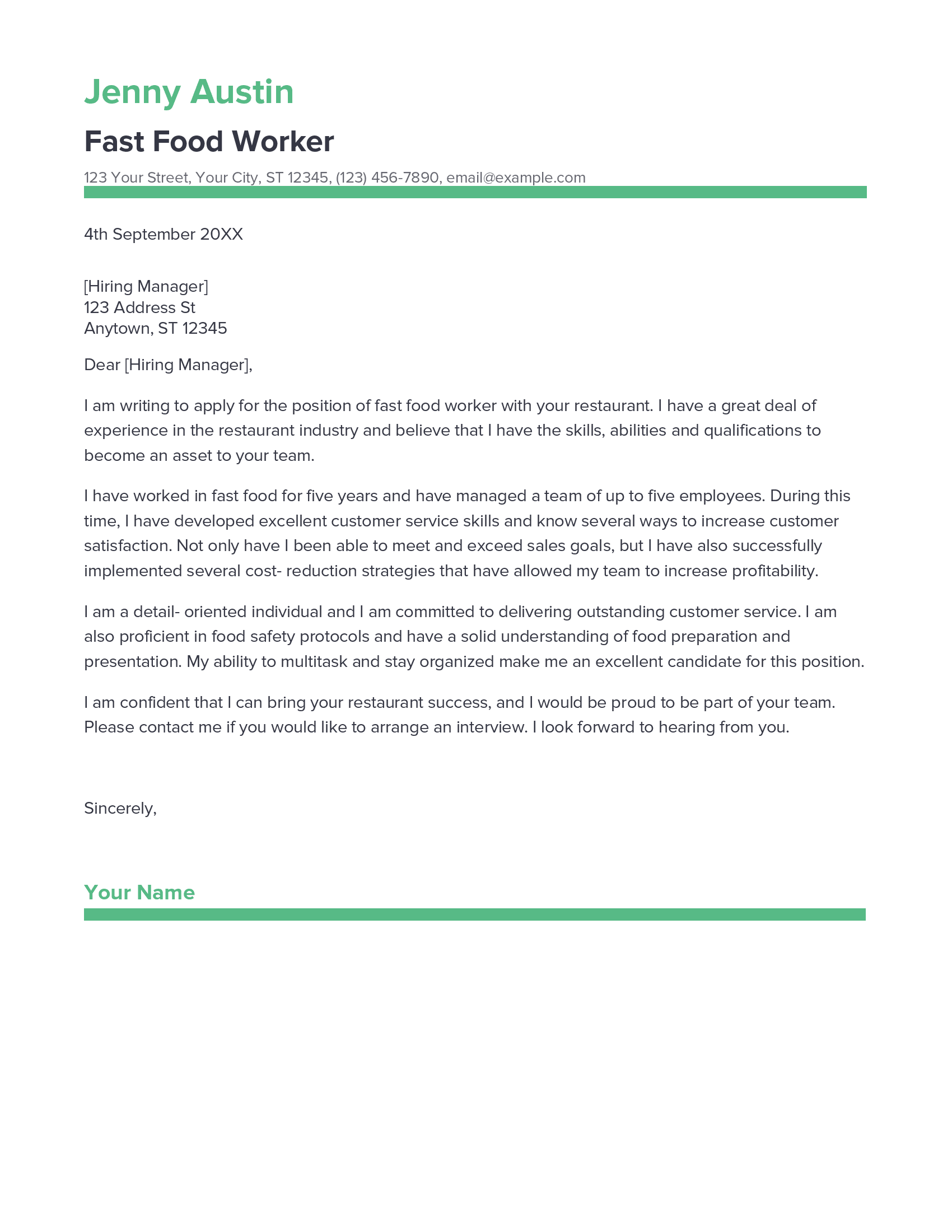 Best Fast Food Worker Cover Letter Example for 2023