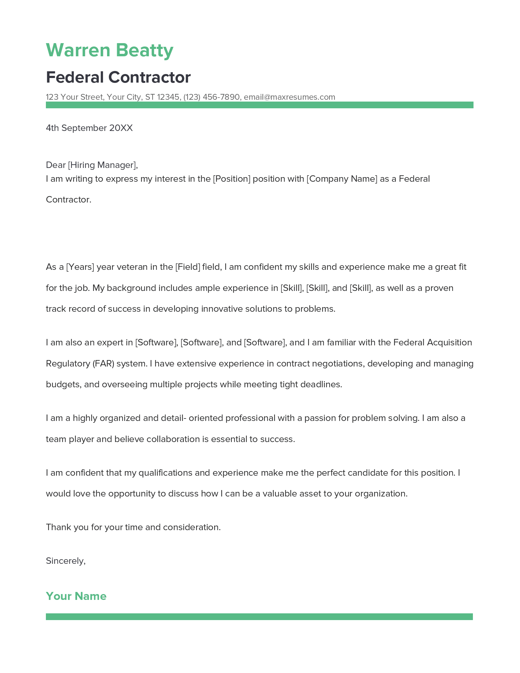 Best Federal Contractor Cover Letter Example for 2023