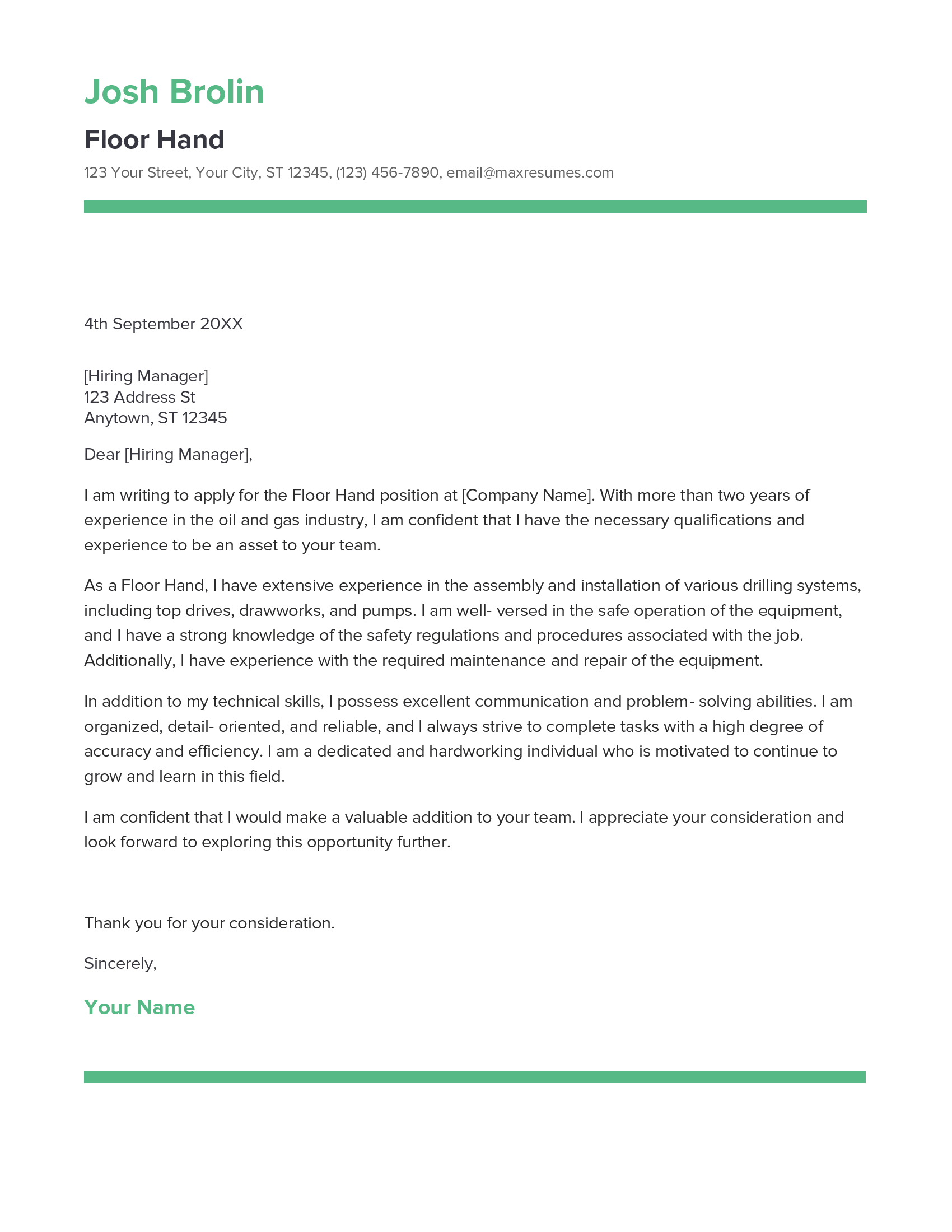 Best Floor Hand Cover Letter Example for 2023