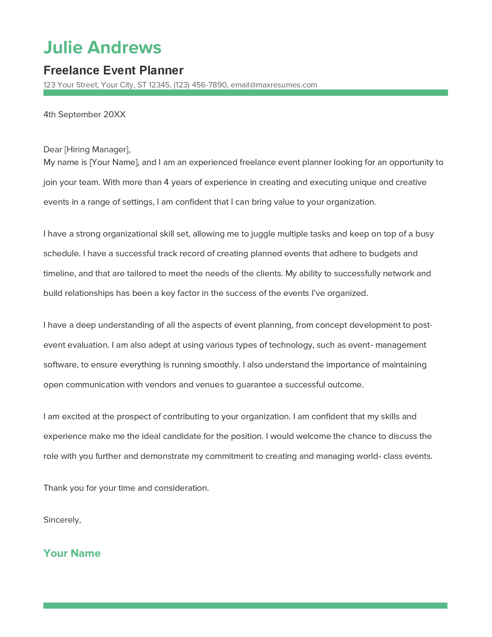 Best Freelance Event Planner Cover Letter Example for 2023
