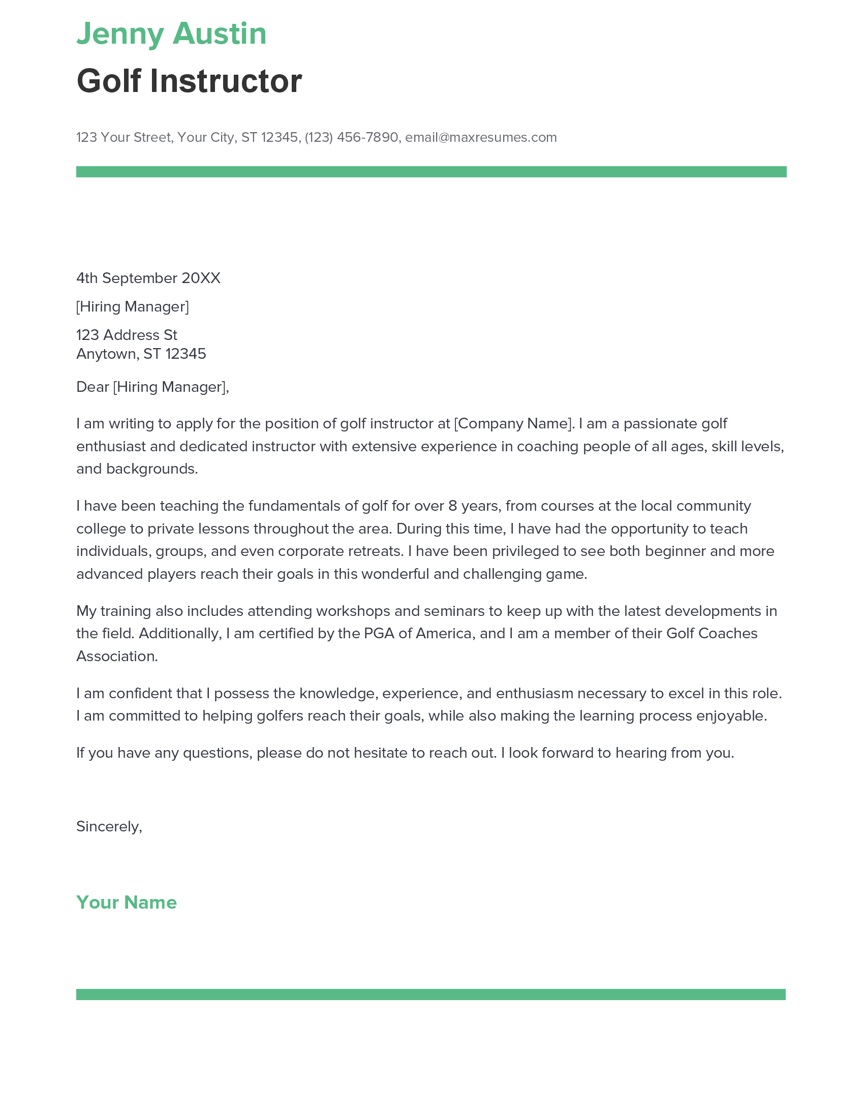 Best Golf Instructor Cover Letter Example for 2023