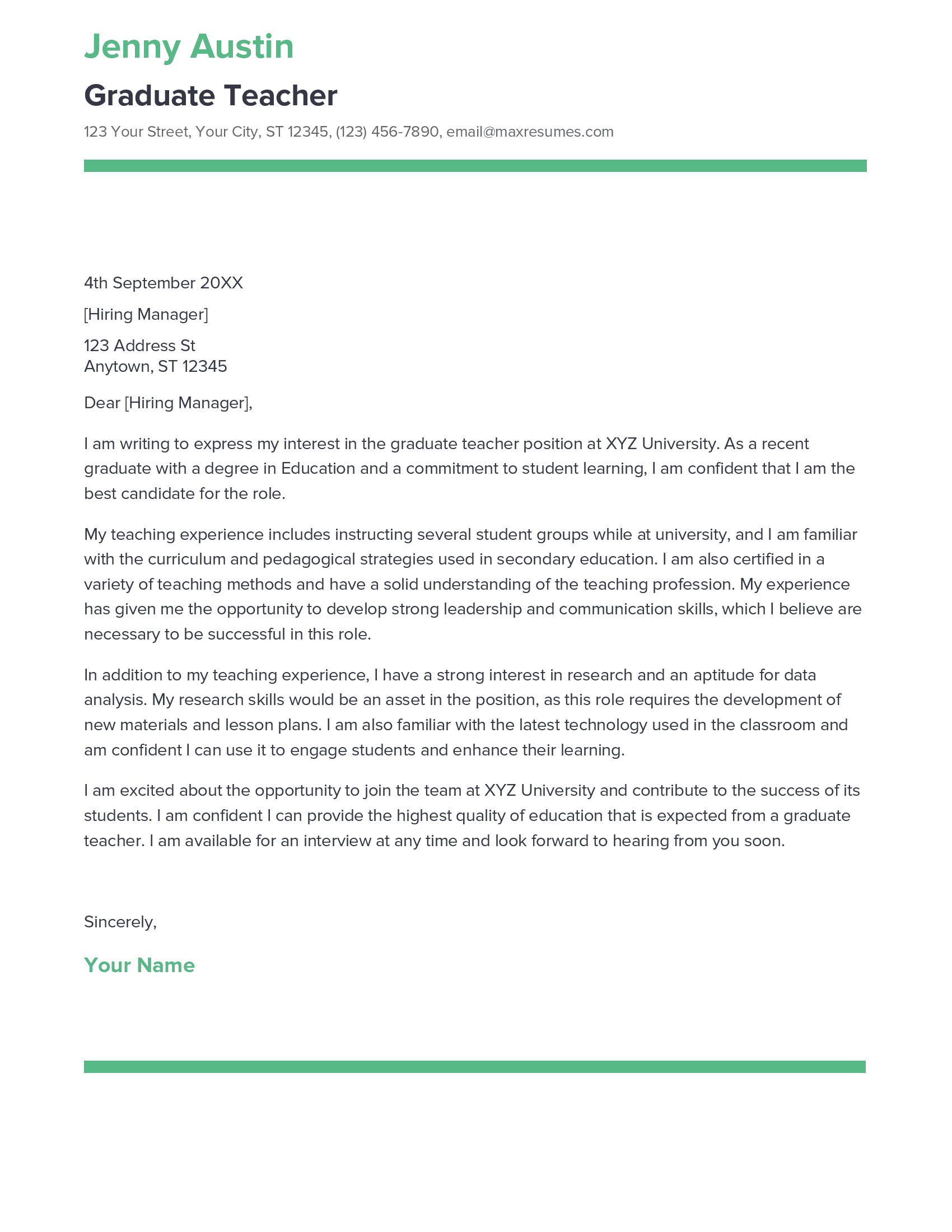 Best Graduate Teacher Cover Letter Example for 2023