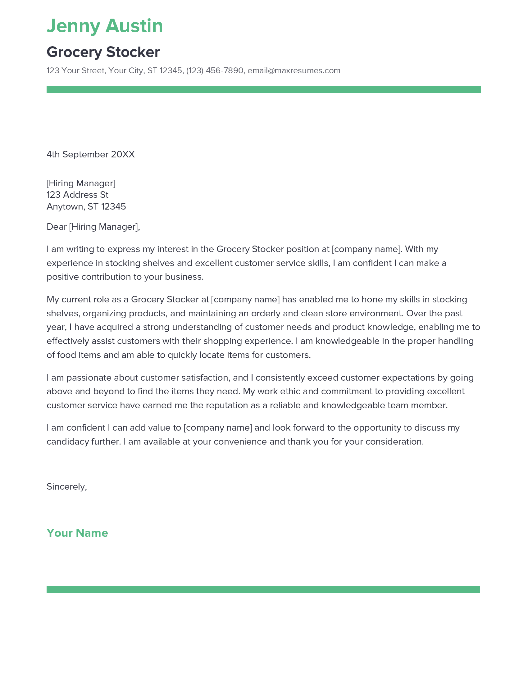 Best Grocery Stocker Cover Letter Example for 2023