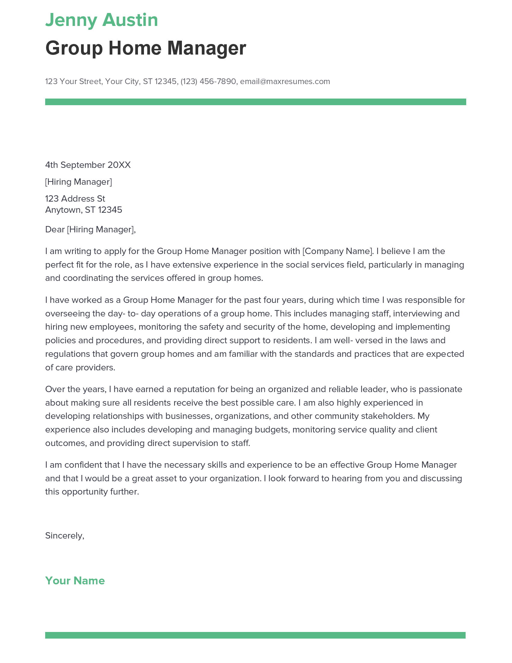 Best Group Home Manager Cover Letter Example for 2023