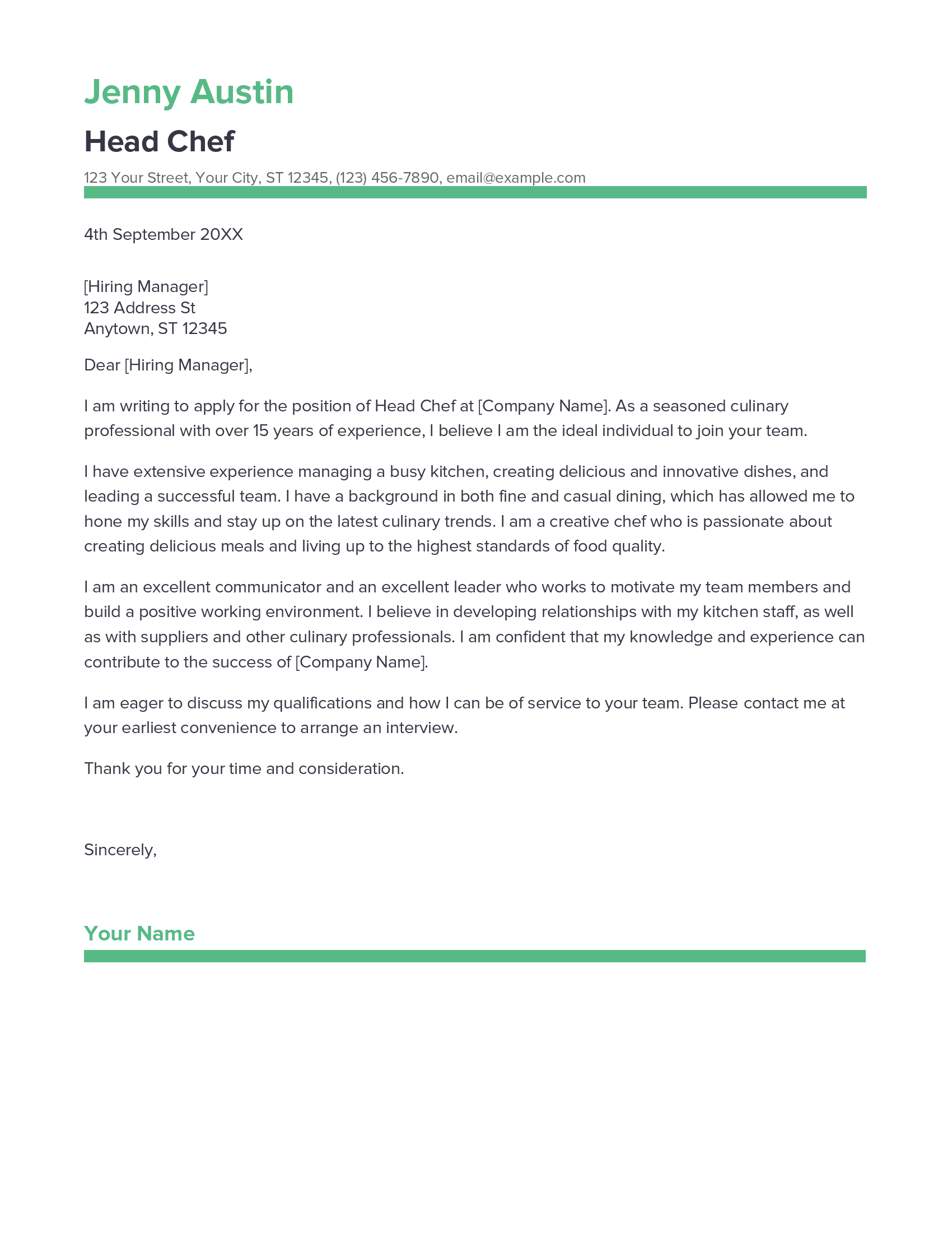 Best Head Chef Cover Letter Example for 2023