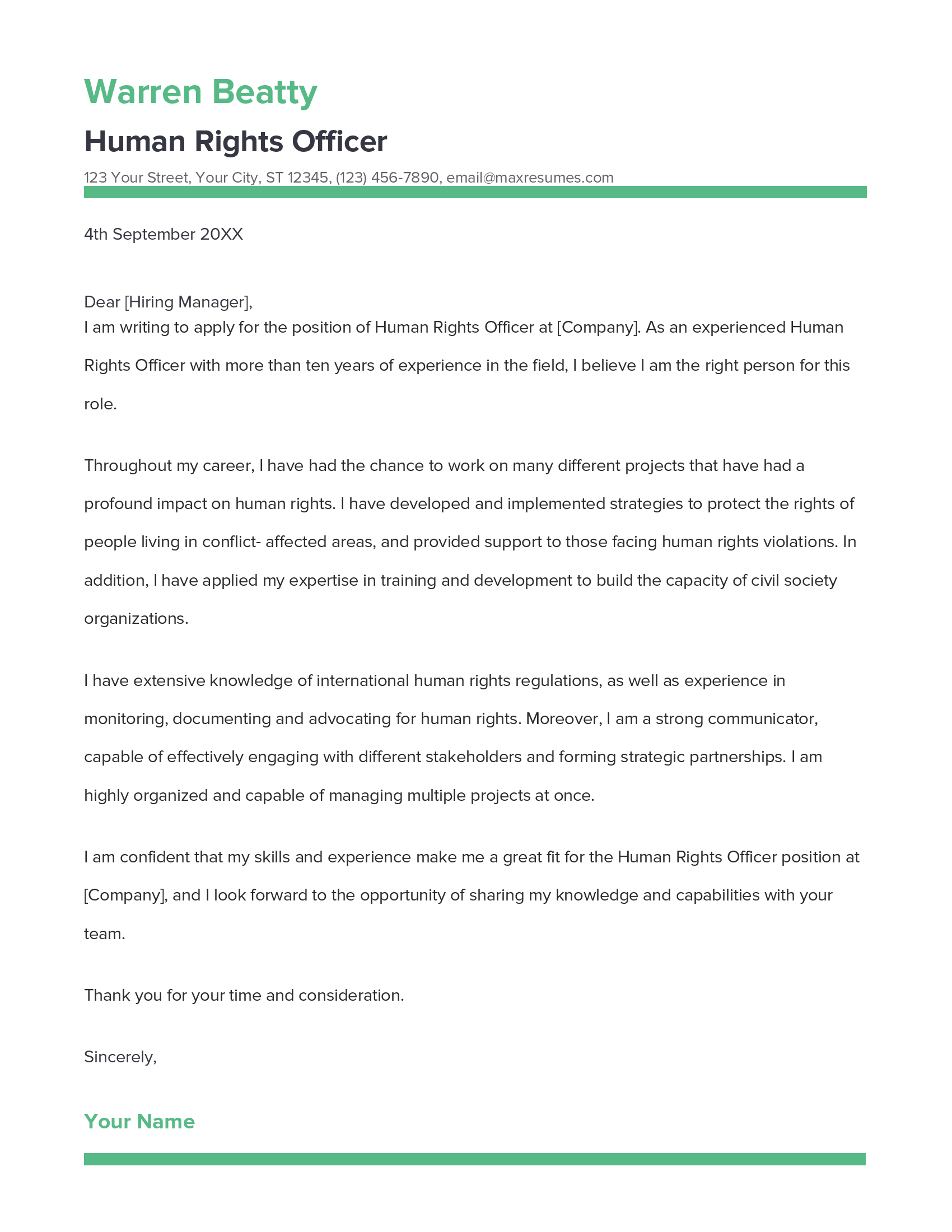 Best Human Rights Officer Cover Letter Example for 2023