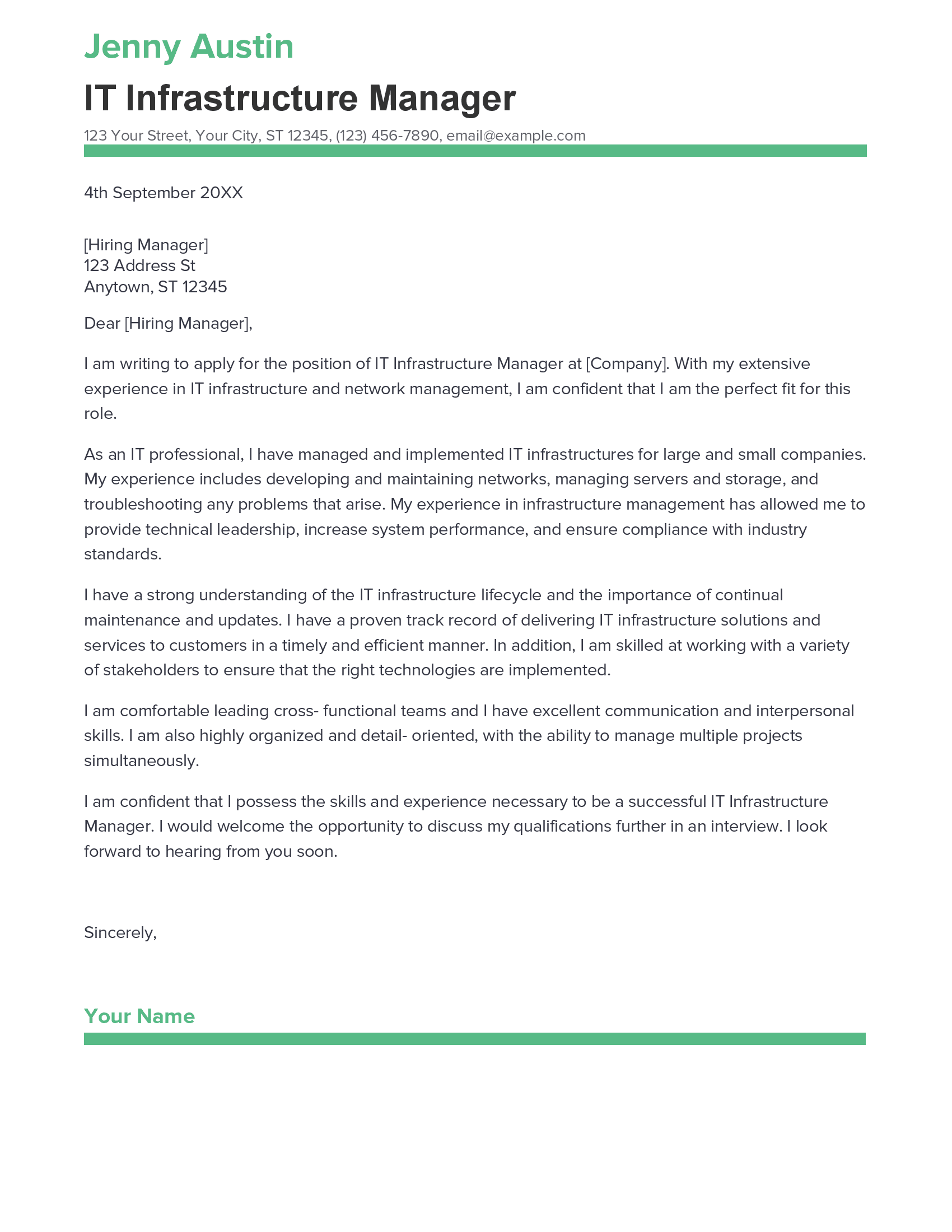 Best IT Infrastructure Manager Cover Letter Example for 2023