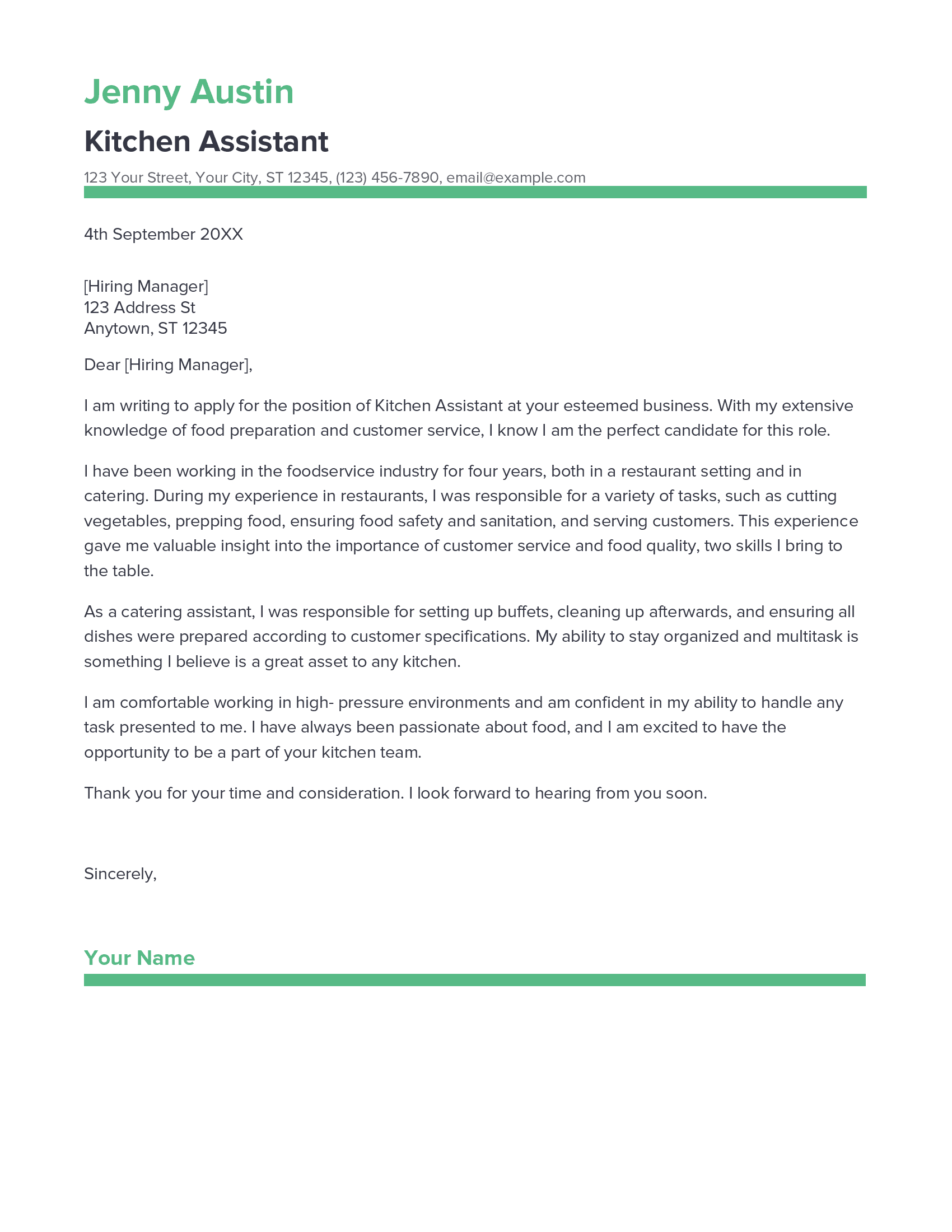 Best Kitchen Assistant Cover Letter Example for 2023