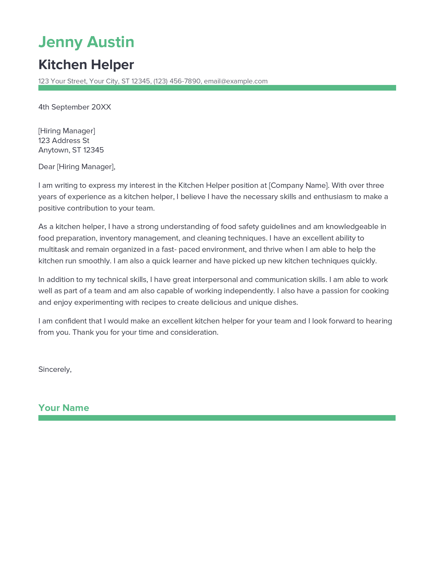 Best Kitchen Helper Cover Letter Example for 2023