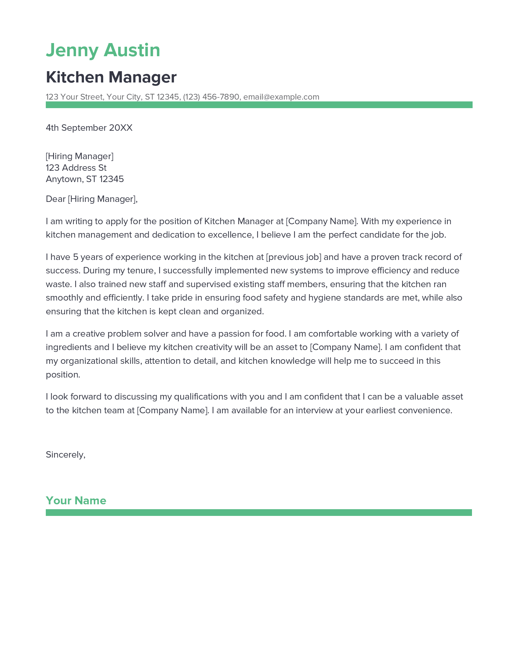 Best Kitchen Manager Cover Letter Example for 2023