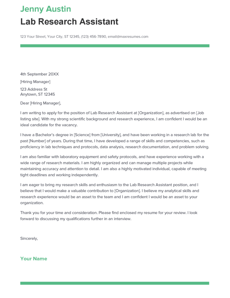 Best Lab Research Assistant Cover Letter Example for 2023