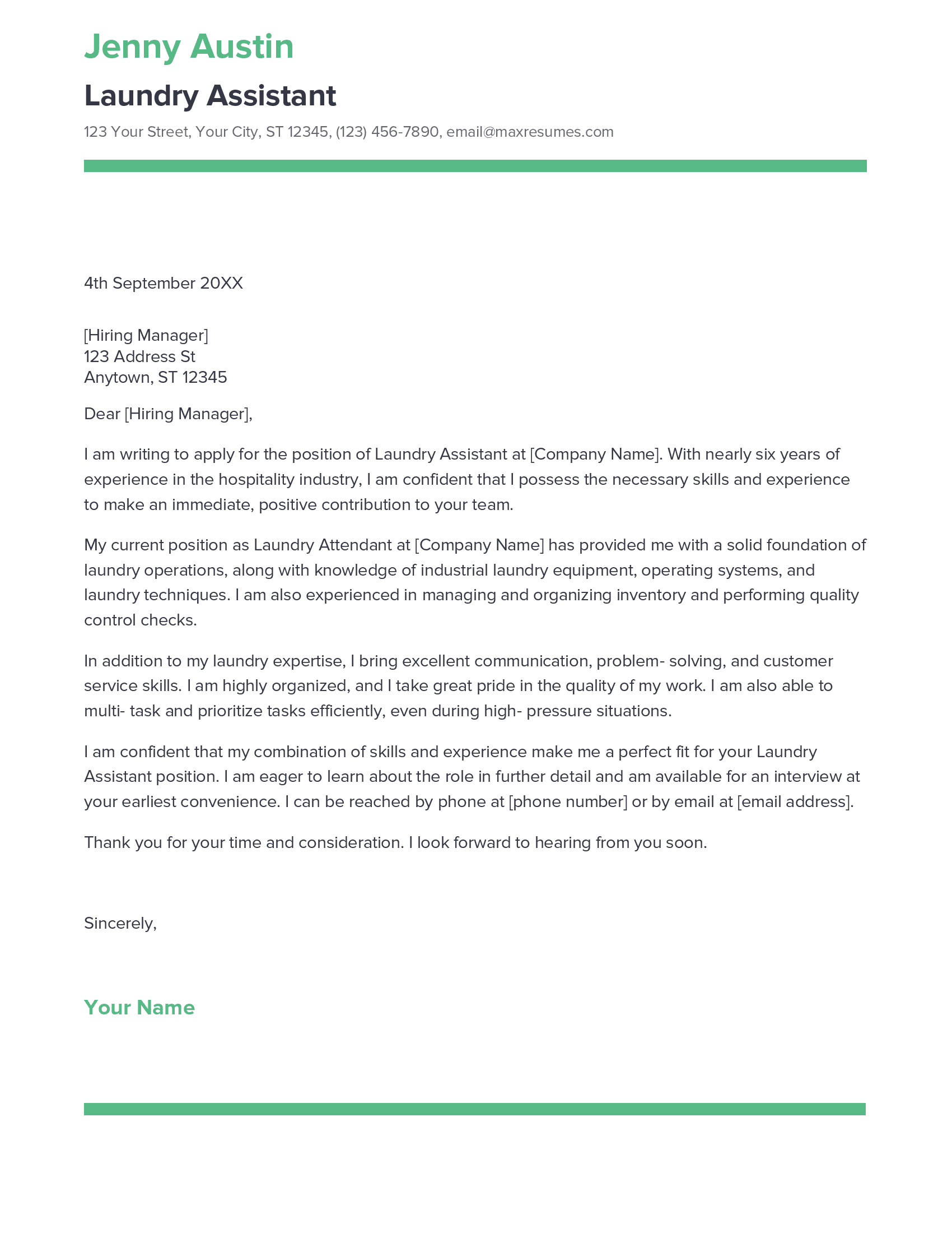 Best Laundry Assistant Cover Letter Example for 2023