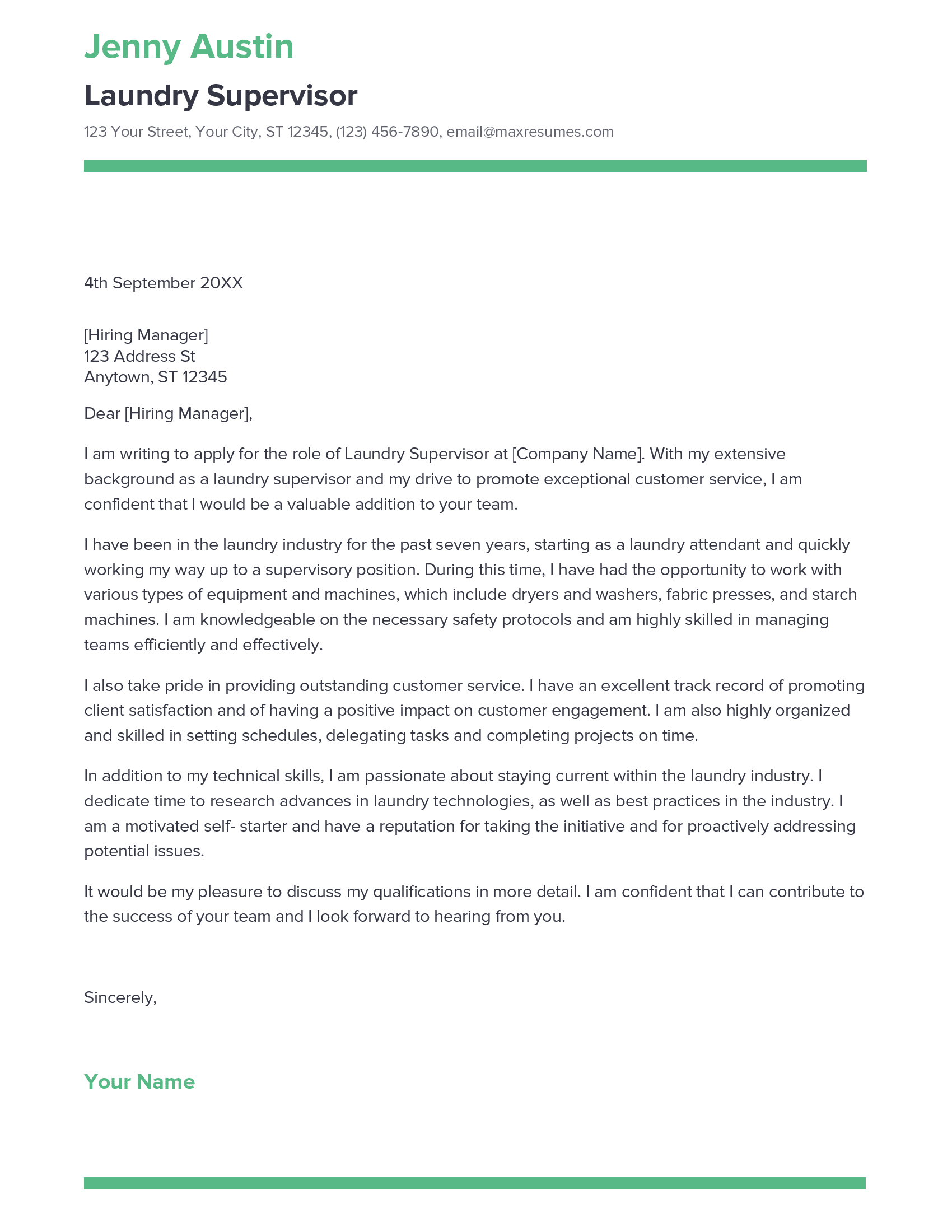 Best Laundry Supervisor Cover Letter Example for 2023