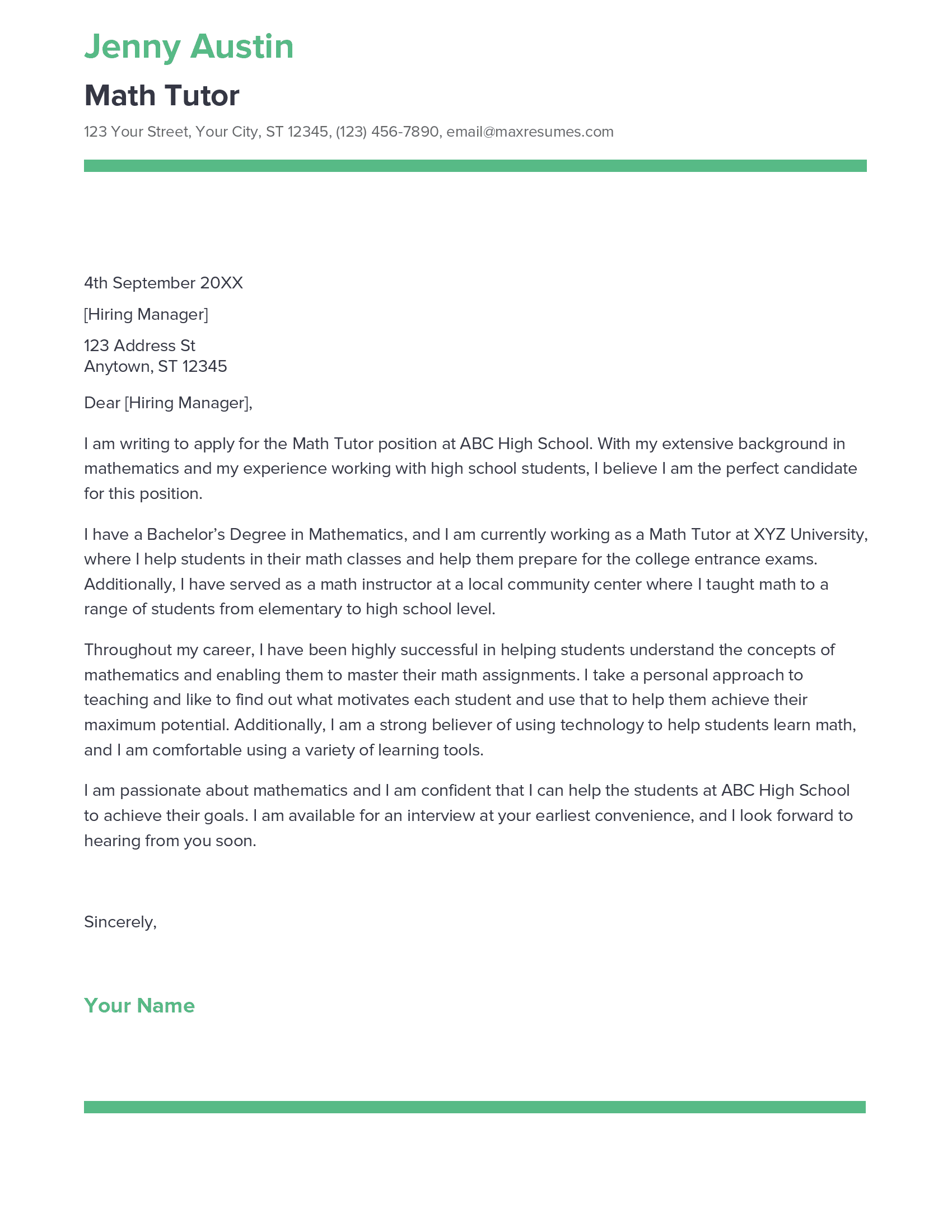 Best Math Tutor Cover Letter Example for 2023