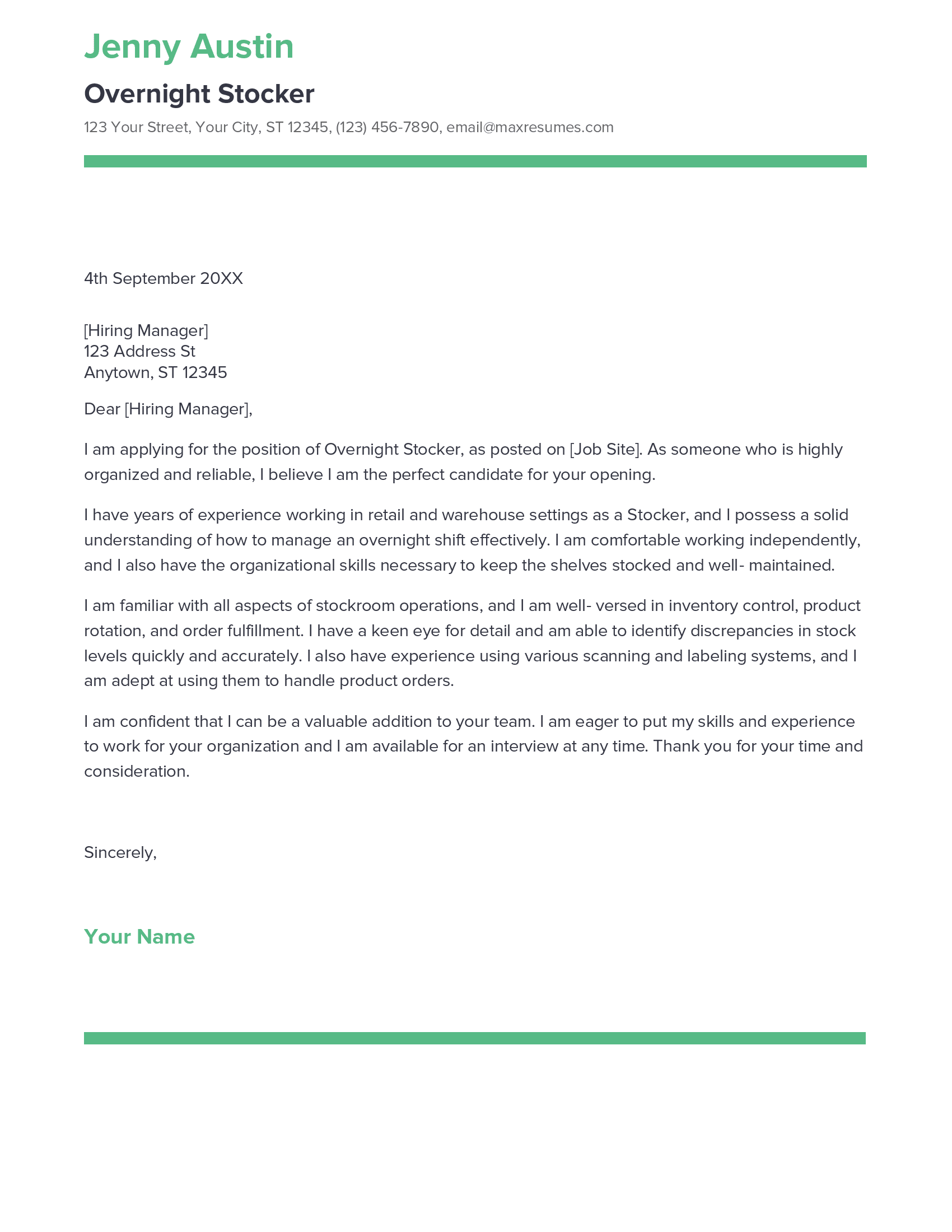 Best Overnight Stocker Cover Letter Example for 2023