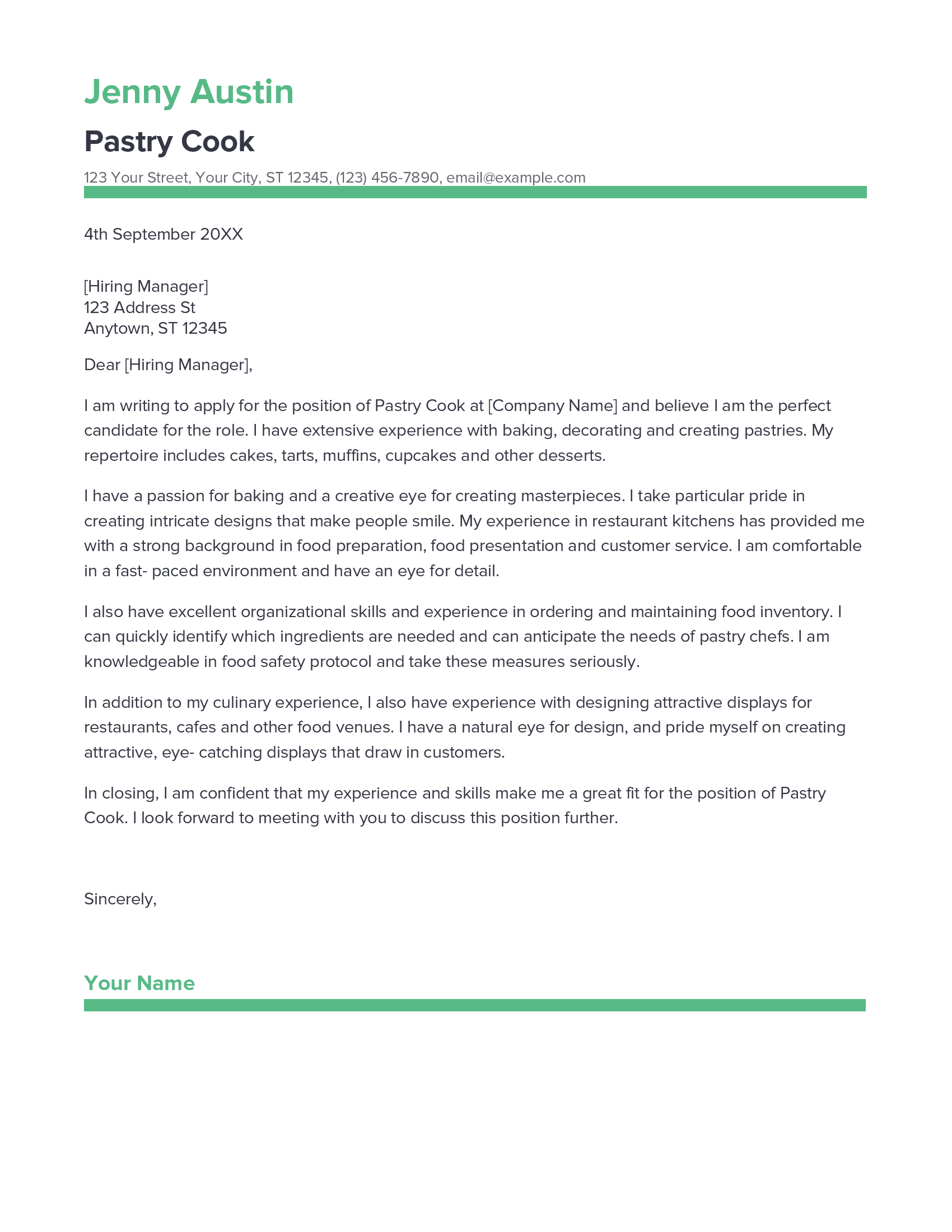 Best Pastry Cook Cover Letter Example for 2023