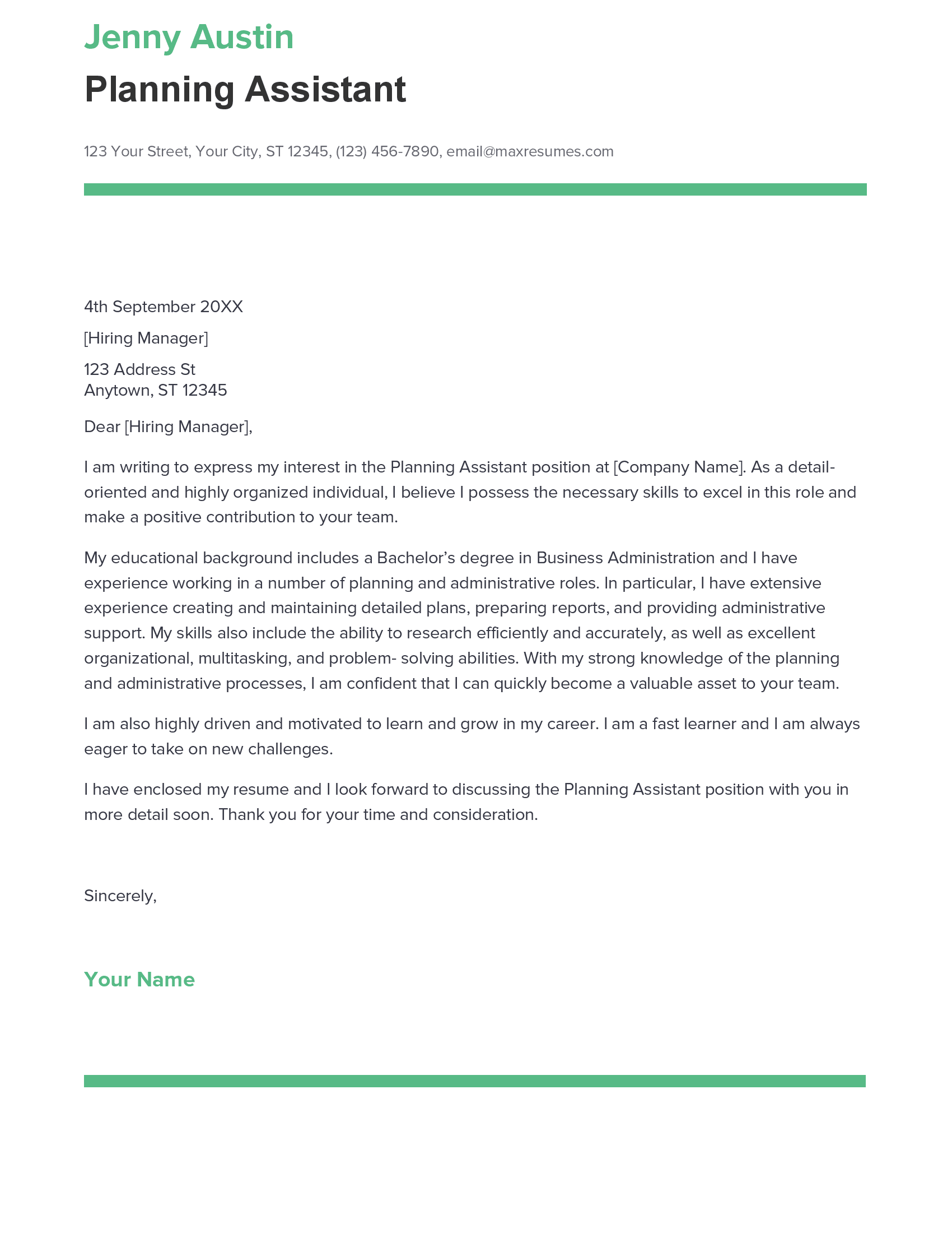 Best Planning Assistant Cover Letter Example for 2023