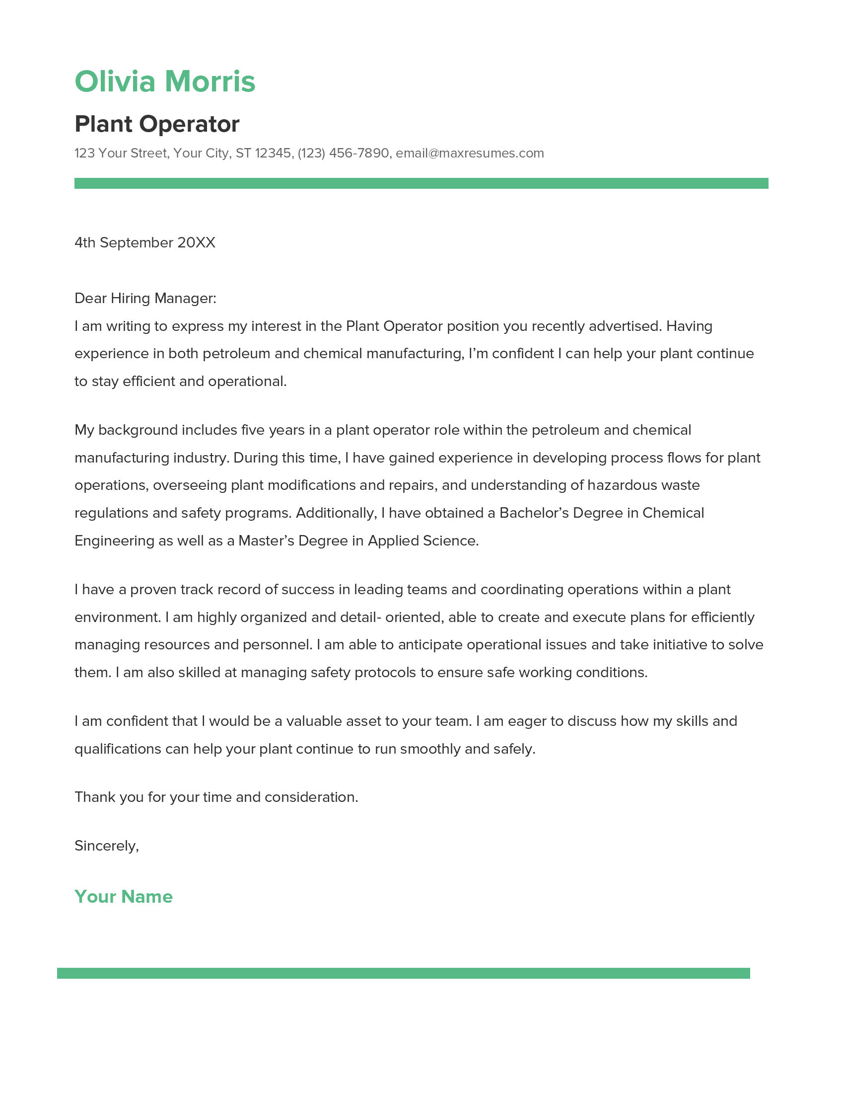 Best Plant Operator Cover Letter Example for 2023