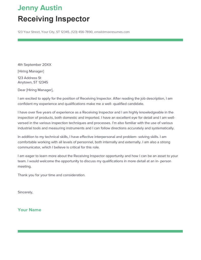 Best Receiving Inspector Cover Letter Example for 2023