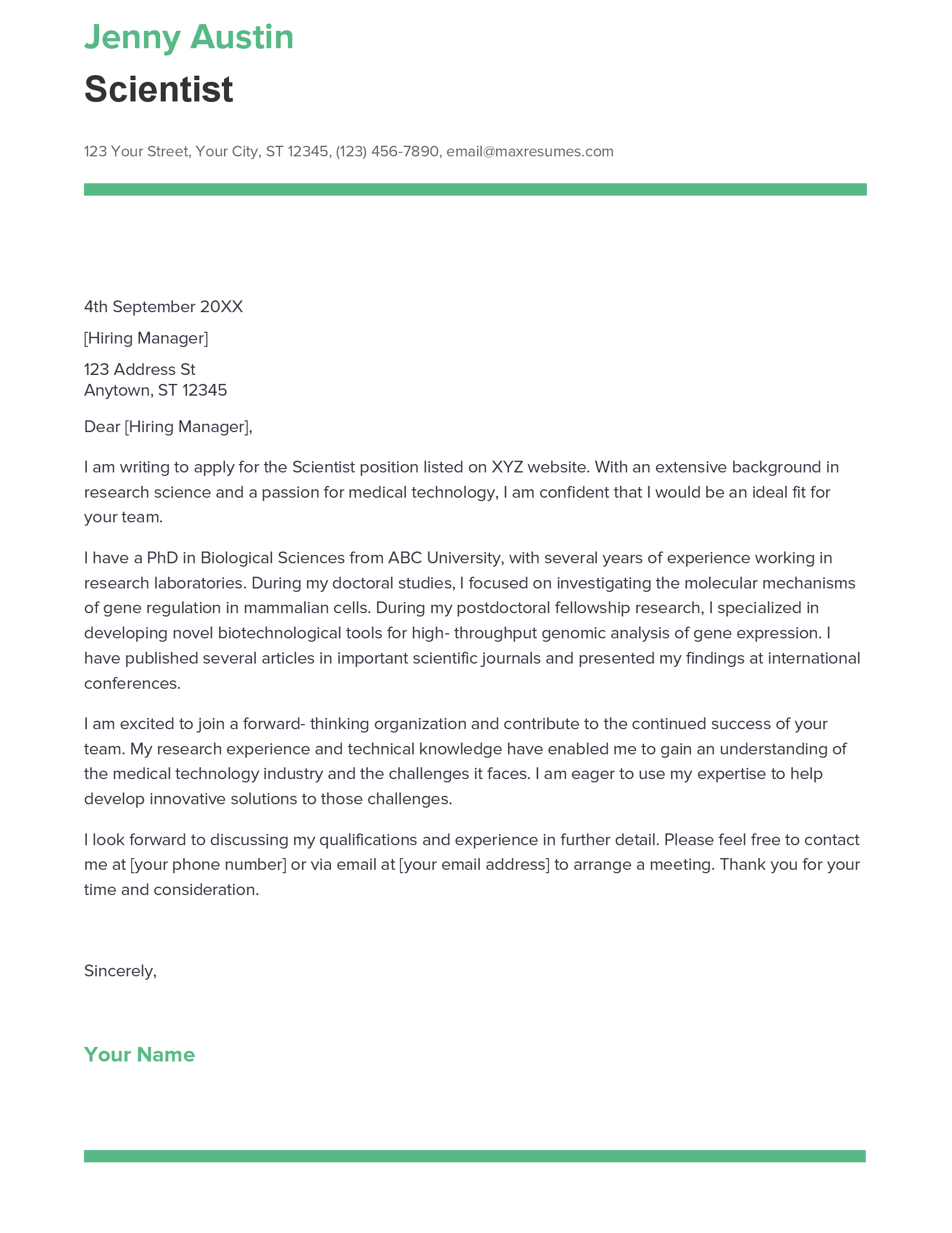 Best Scientist Cover Letter Example for 2023