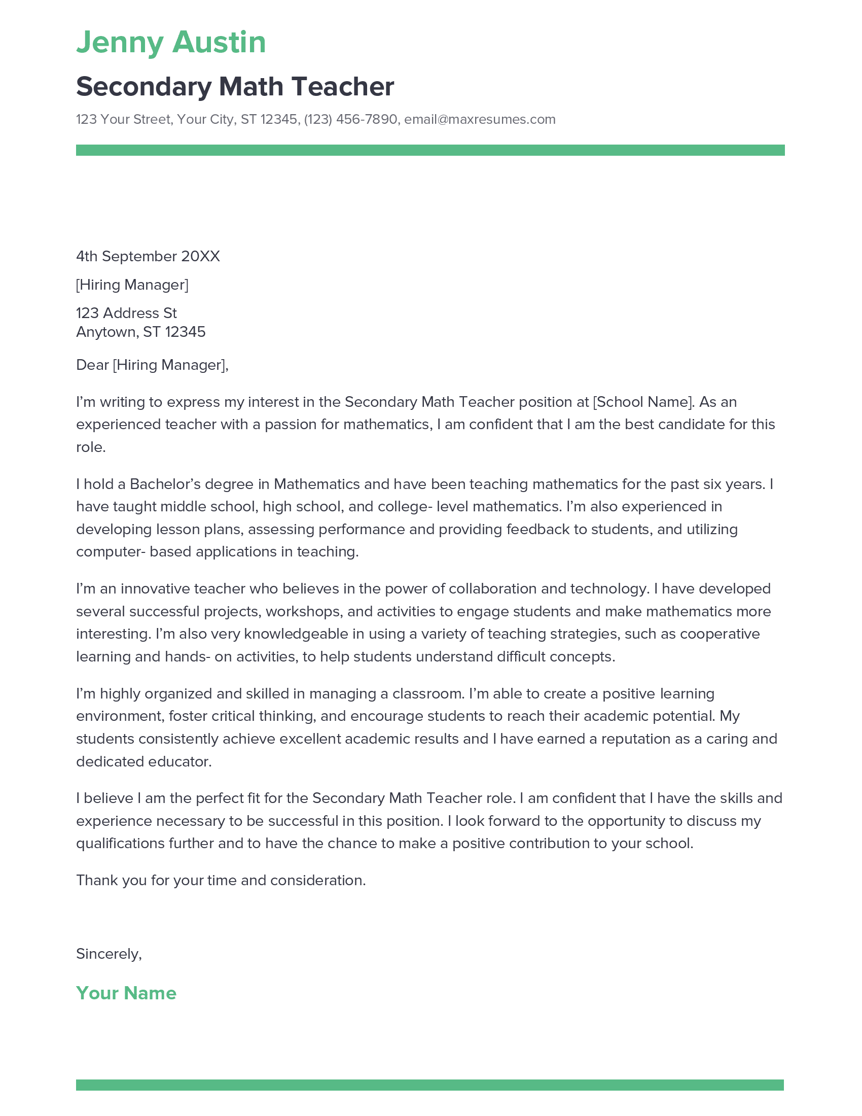 mathematics teacher cover letter sample