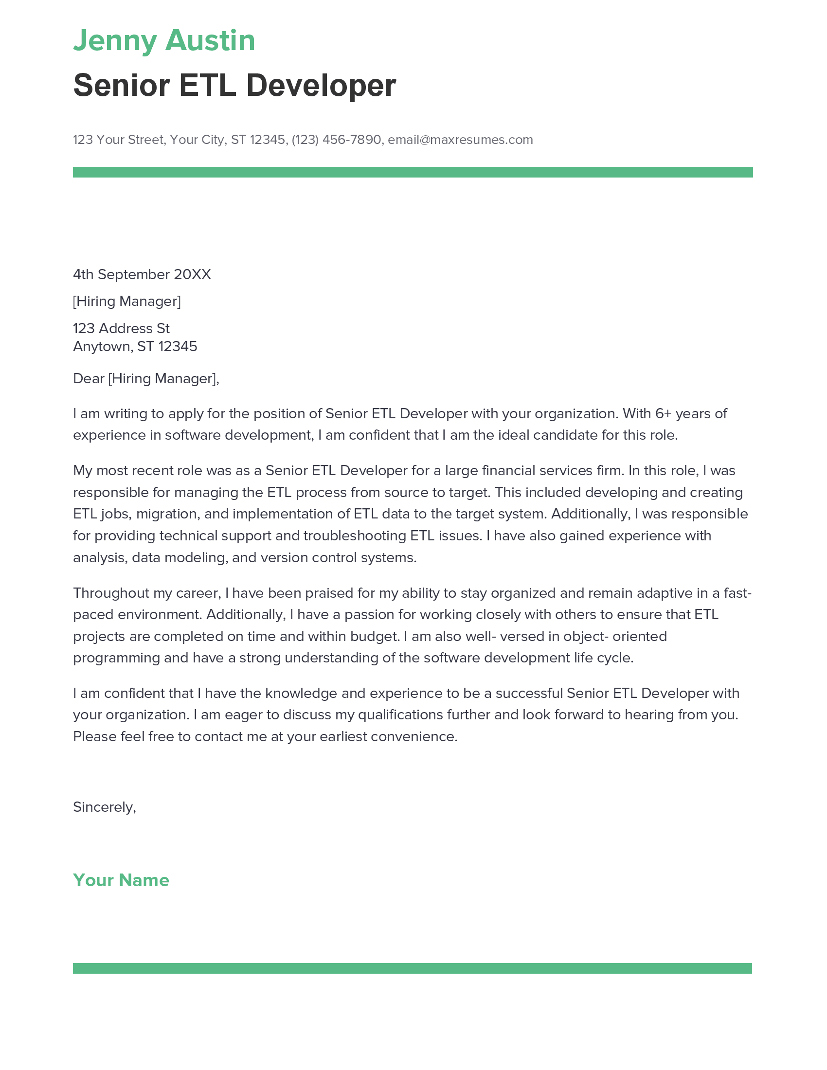 Best Senior ETL Developer Cover Letter Example for 2023