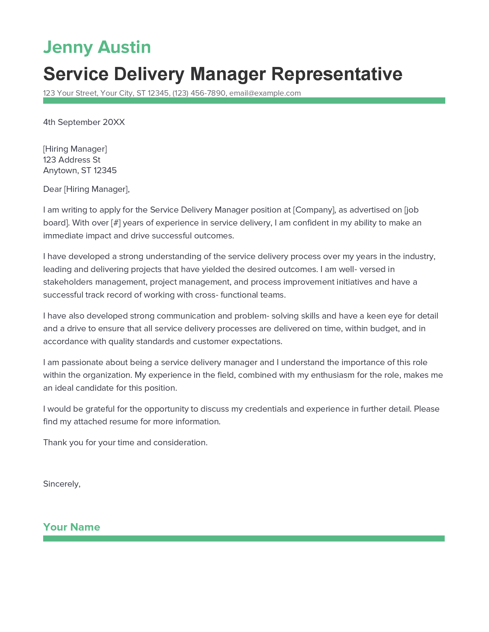 Best Service Delivery Manager Cover Letter Example for 2023