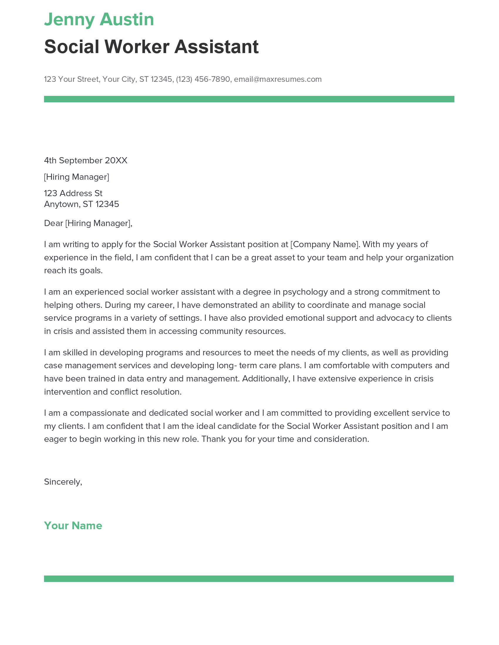 Best Social Worker Assistant Cover Letter Example for 2023