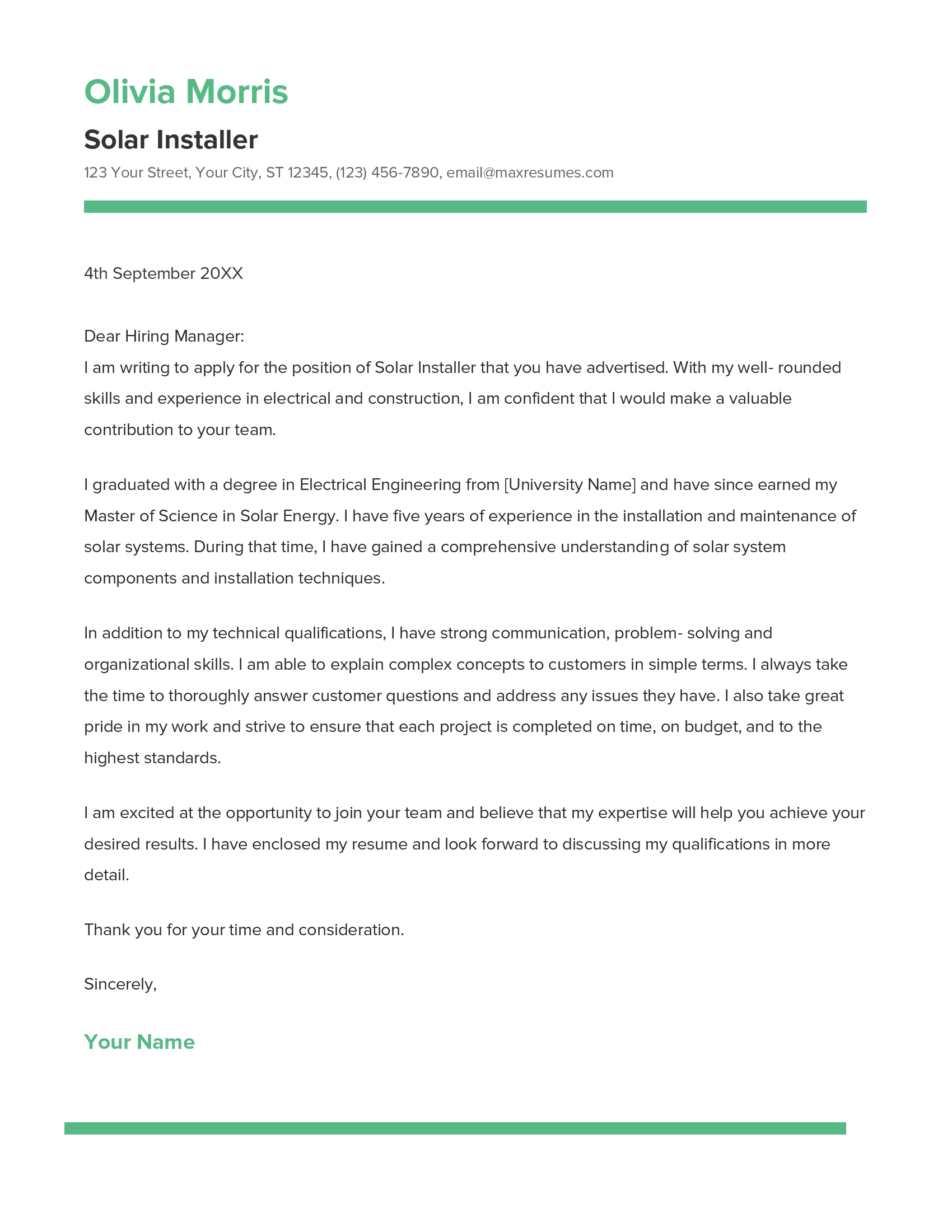 Best Solar Installer Cover Letter Example for 2023