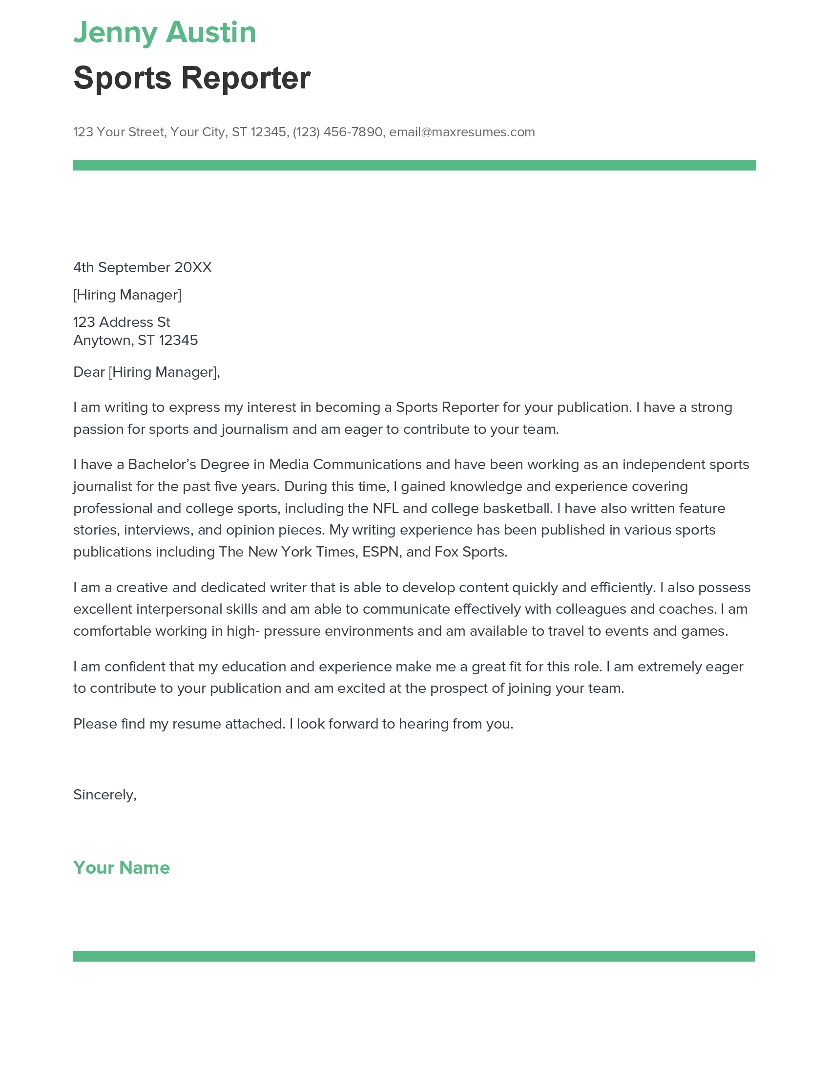 Best Sports Reporter Cover Letter Example for 2023