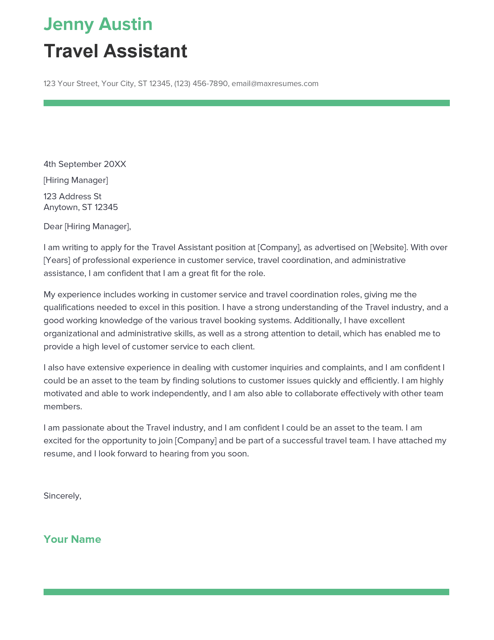 Best Travel Assistant Cover Letter Example for 2023