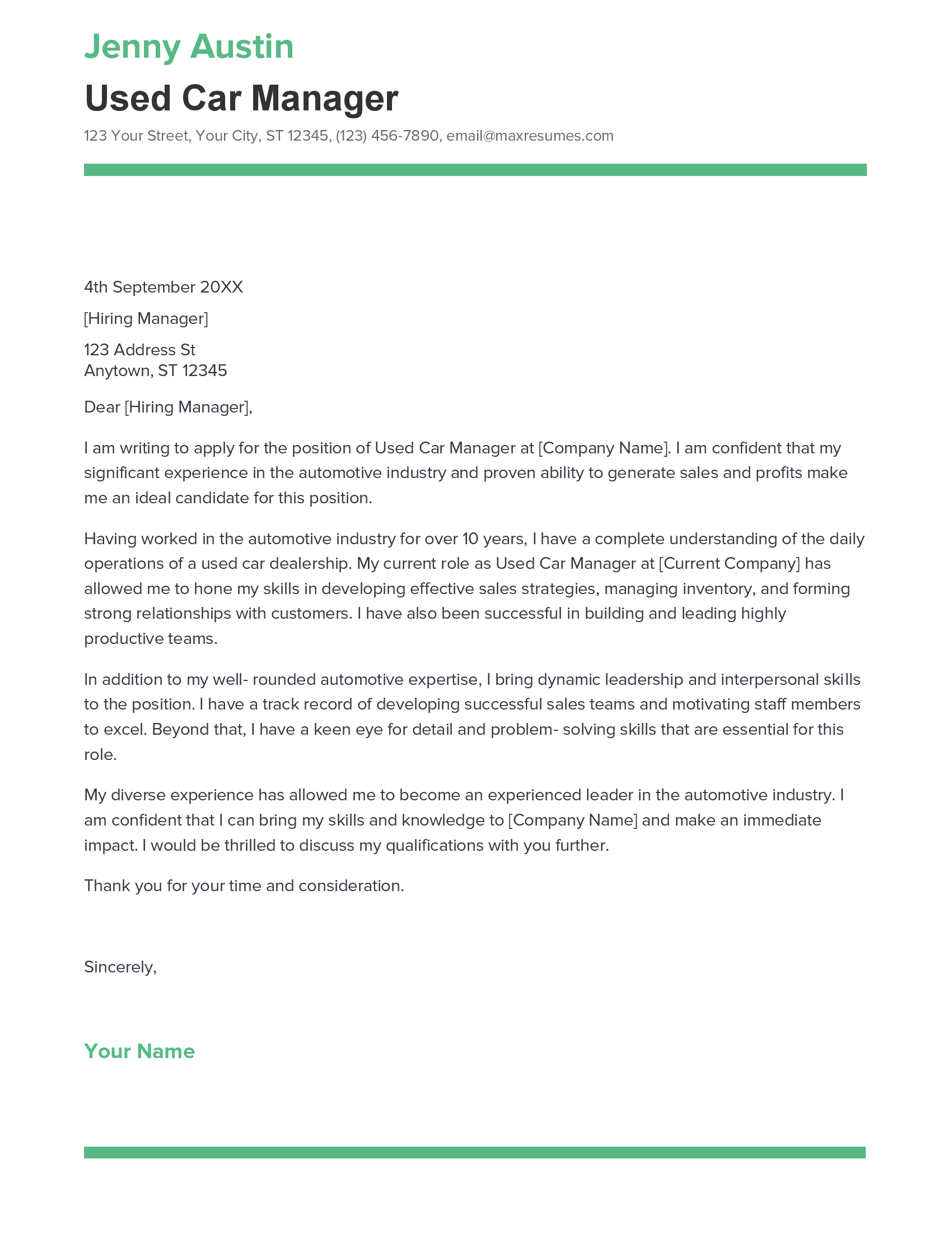 Best Used Car Manager Cover Letter Example for 2023