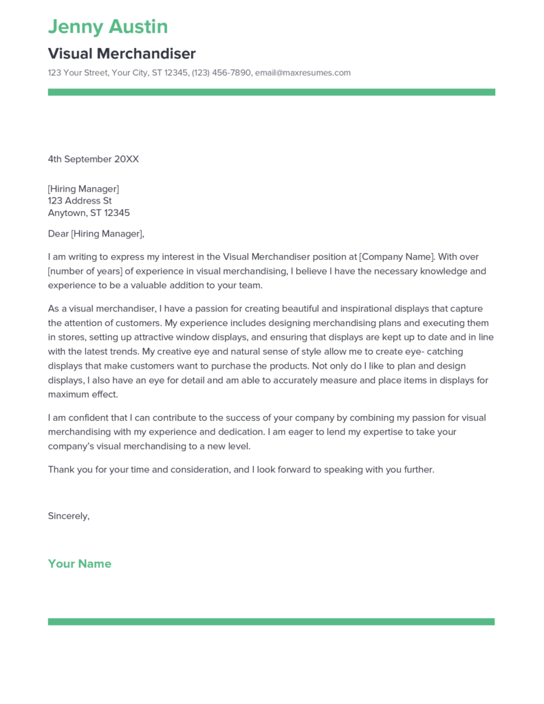 Best Visual Merchandiser Cover Letter Example for 2023