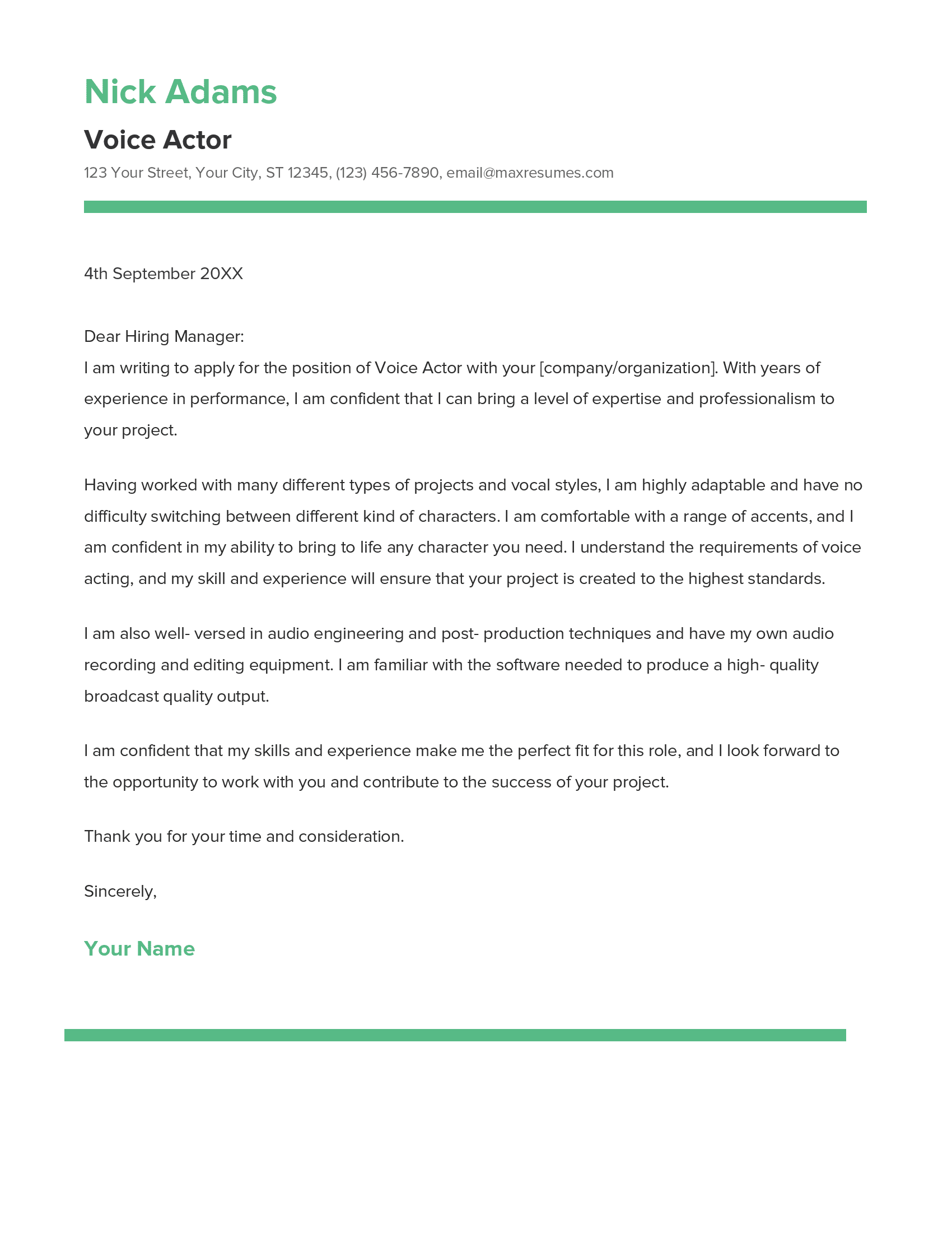 Best Voice Actor Cover Letter Example for 2023