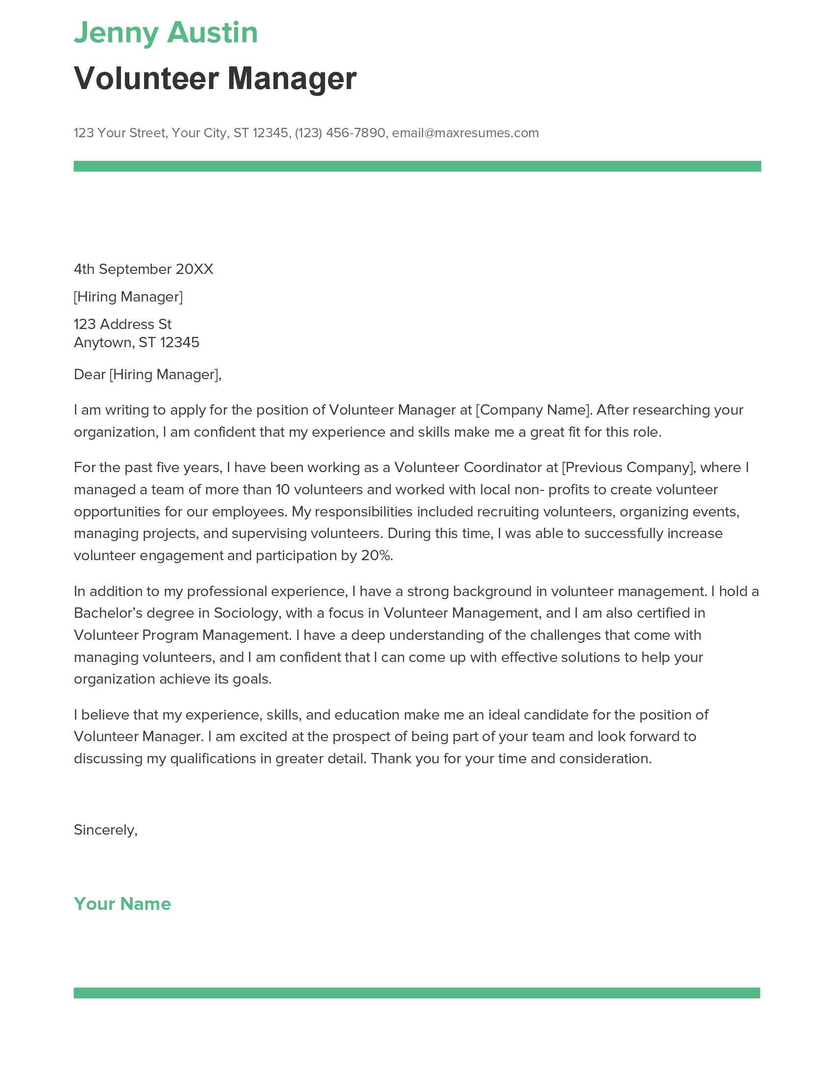 Best Volunteer Manager Cover Letter Example for 2023