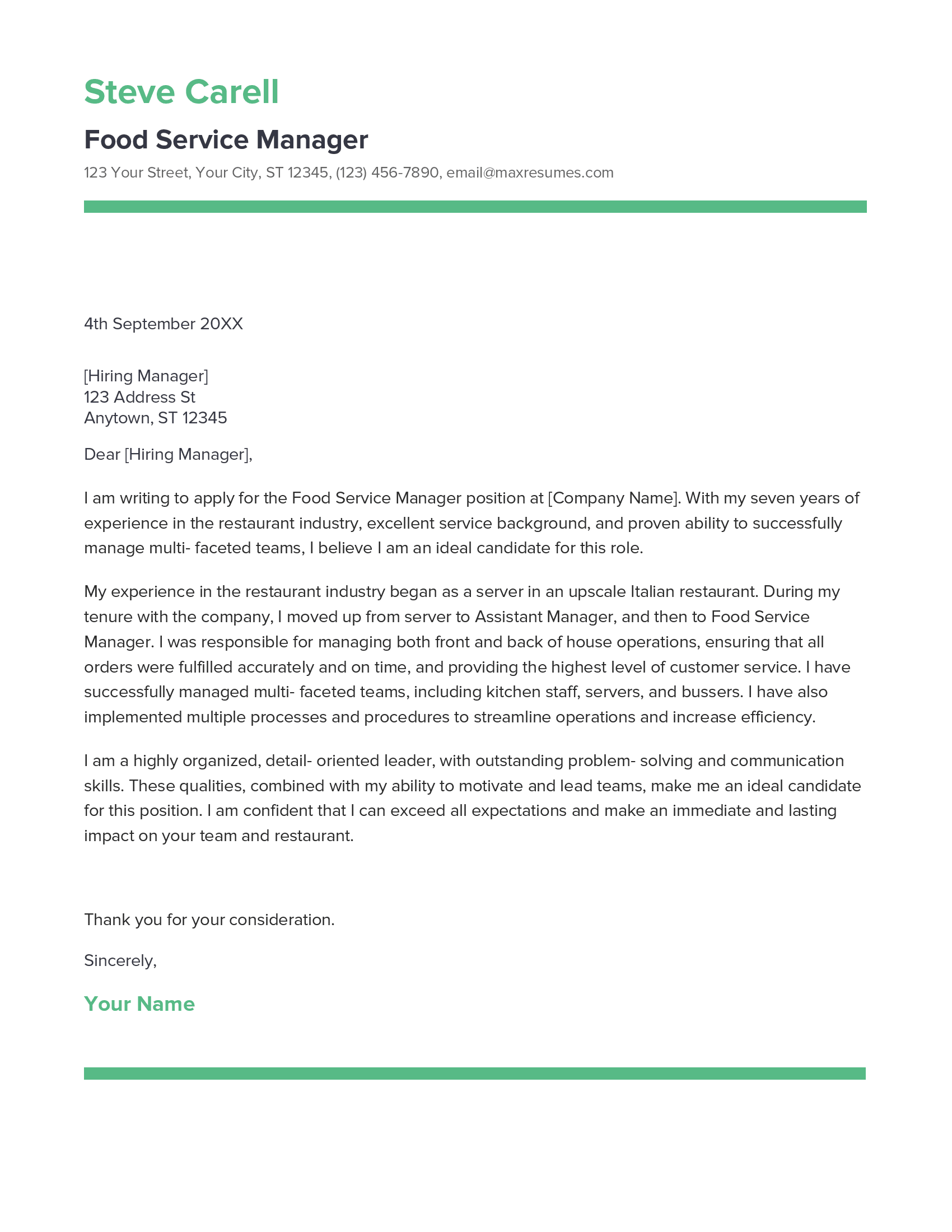 Best Food Service Manager Cover Letter Example for 2023