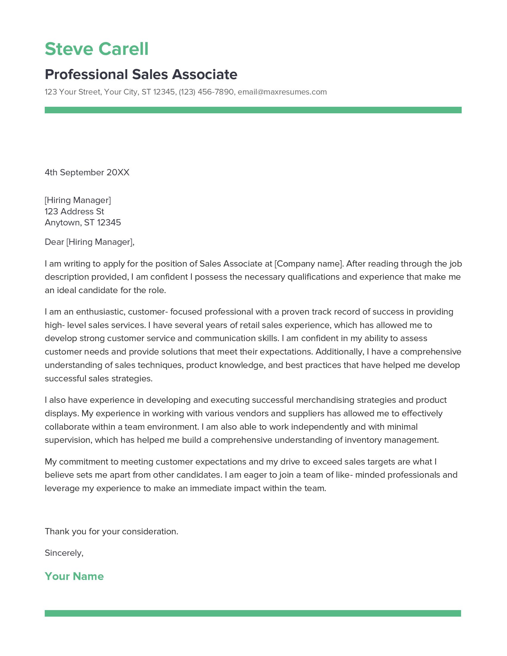 Best Professional Sales Associate Cover Letter Example for 2023